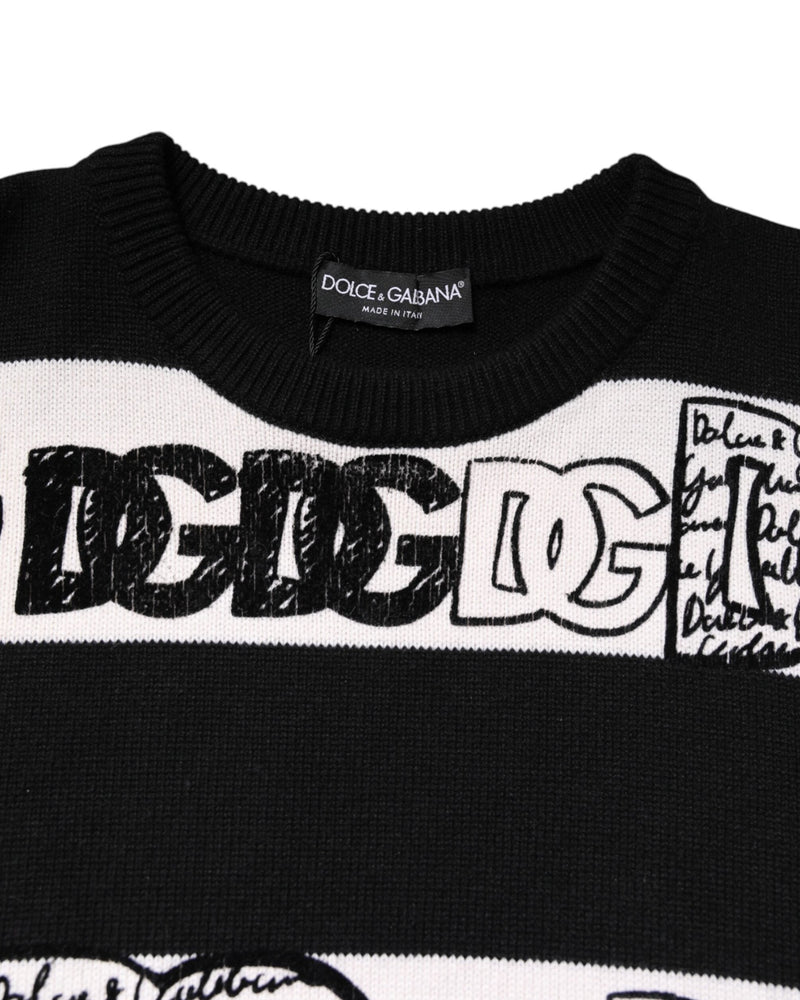 Dolce & Gabbana Black Wool White Logo Print Pullover Sweater Glam Steals