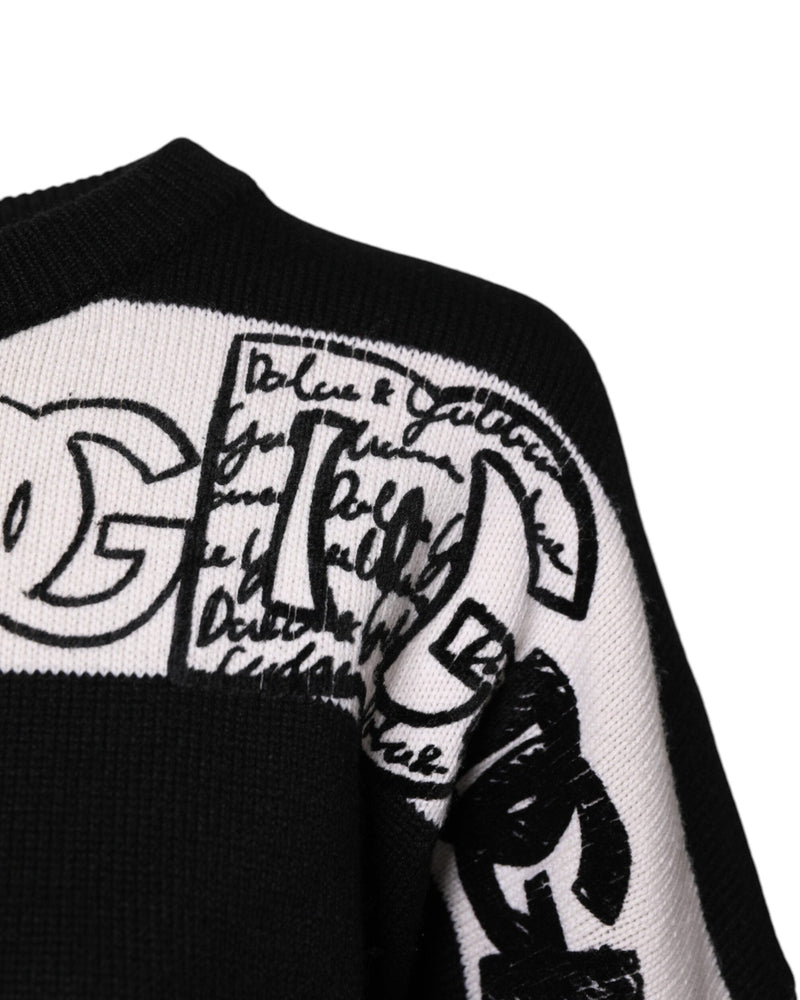 Dolce & Gabbana Black Wool White Logo Print Pullover Sweater Glam Steals
