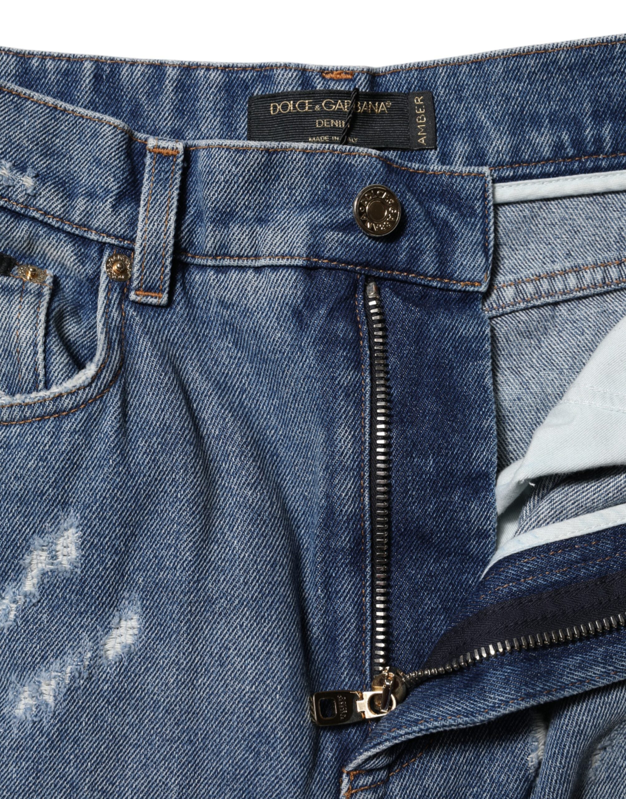 Dolce & Gabbana Blue Cotton Tattered High Waist Denim Jeans Glam Steals