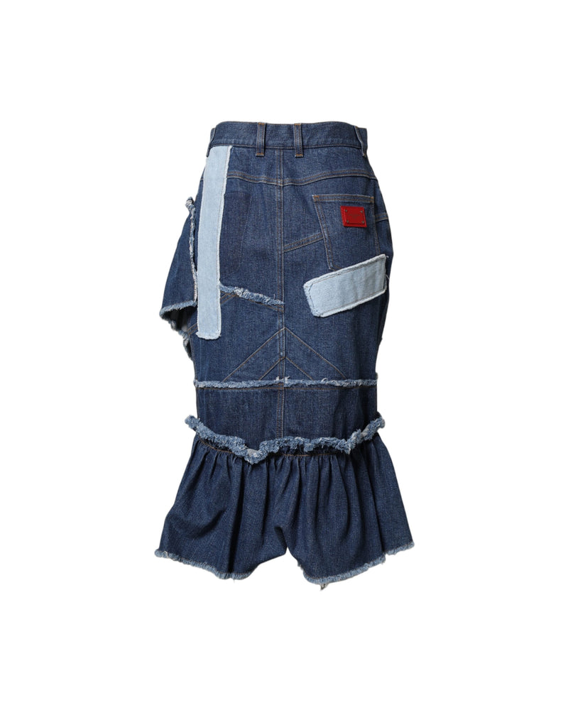 Dolce & Gabbana Blue Denim Patchwork Layered Midi Skirt Glam Steals