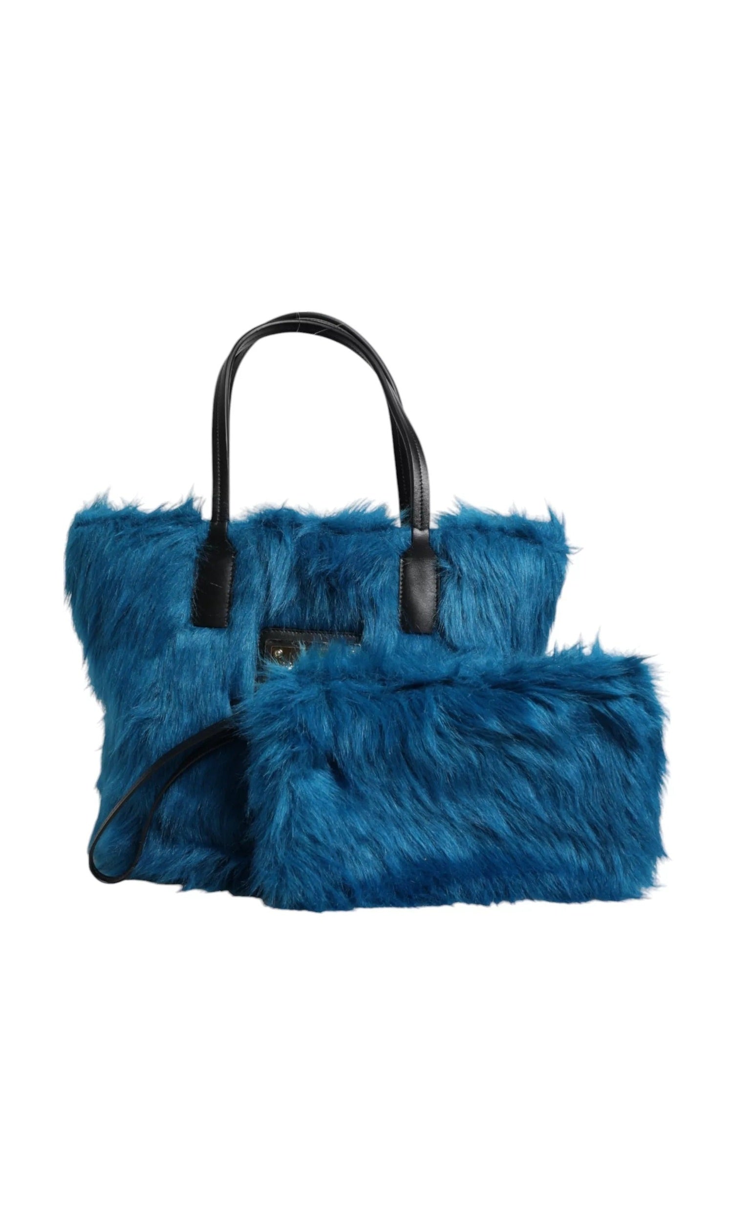 Dolce & Gabbana Blue Fur Logo Plaque Double Handle Shoulder Bag Glam Steals