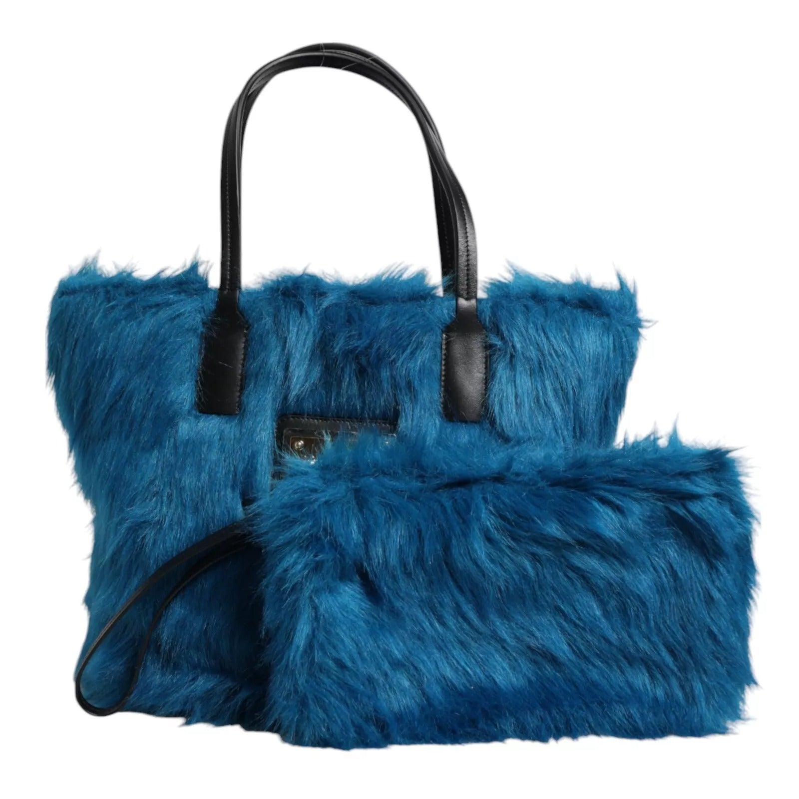 Dolce & Gabbana Blue Fur Logo Plaque Double Handle Shoulder Bag Glam Steals