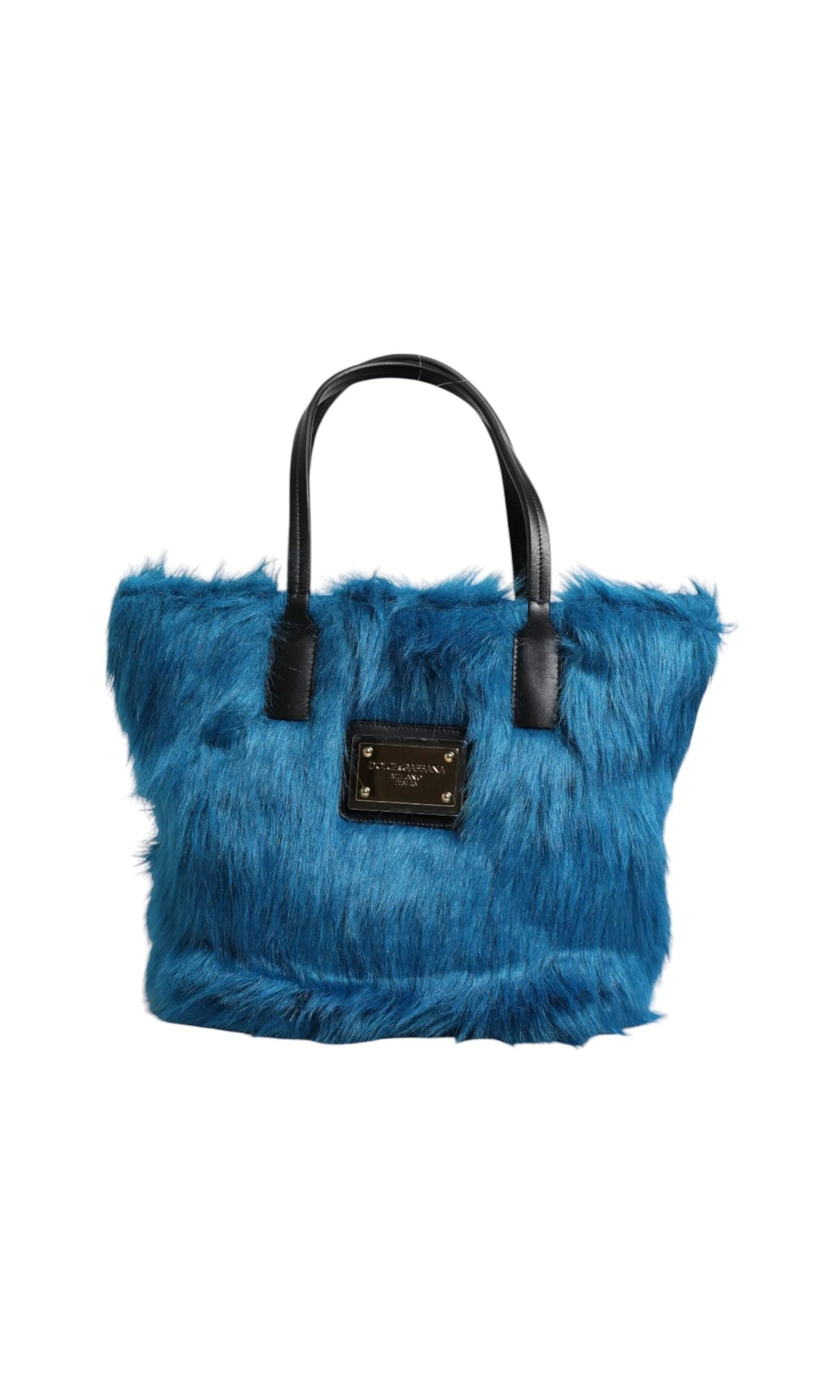 Dolce & Gabbana Blue Fur Logo Plaque Double Handle Shoulder Bag Glam Steals
