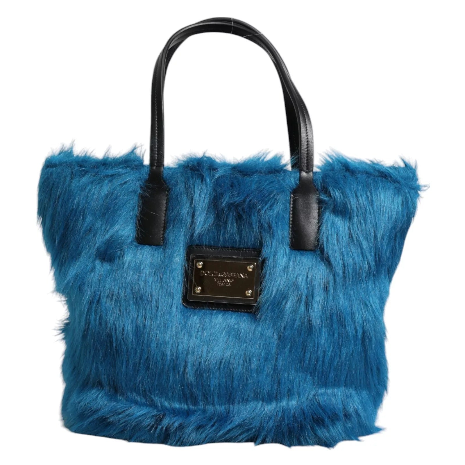 Dolce & Gabbana Blue Fur Logo Plaque Double Handle Shoulder Bag Glam Steals