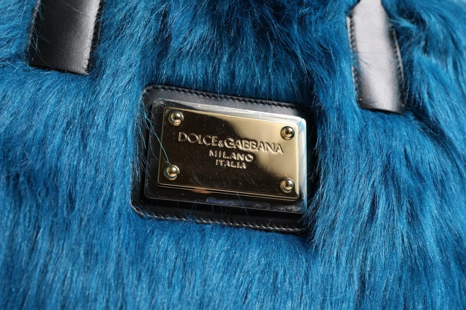Dolce & Gabbana Blue Fur Logo Plaque Double Handle Shoulder Bag Glam Steals