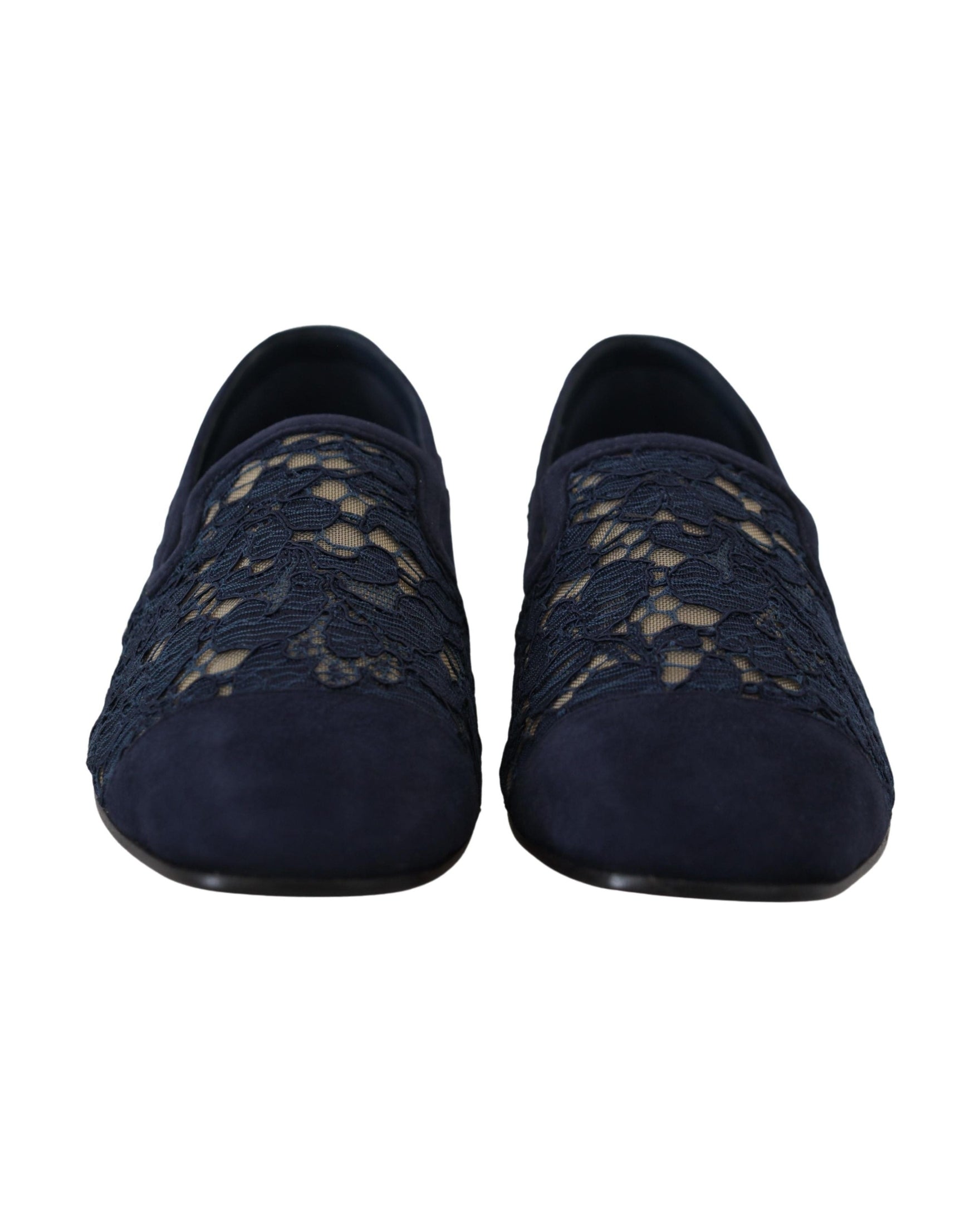 Dolce & Gabbana Blue Lace Floral Slip Ons Loafers Flats