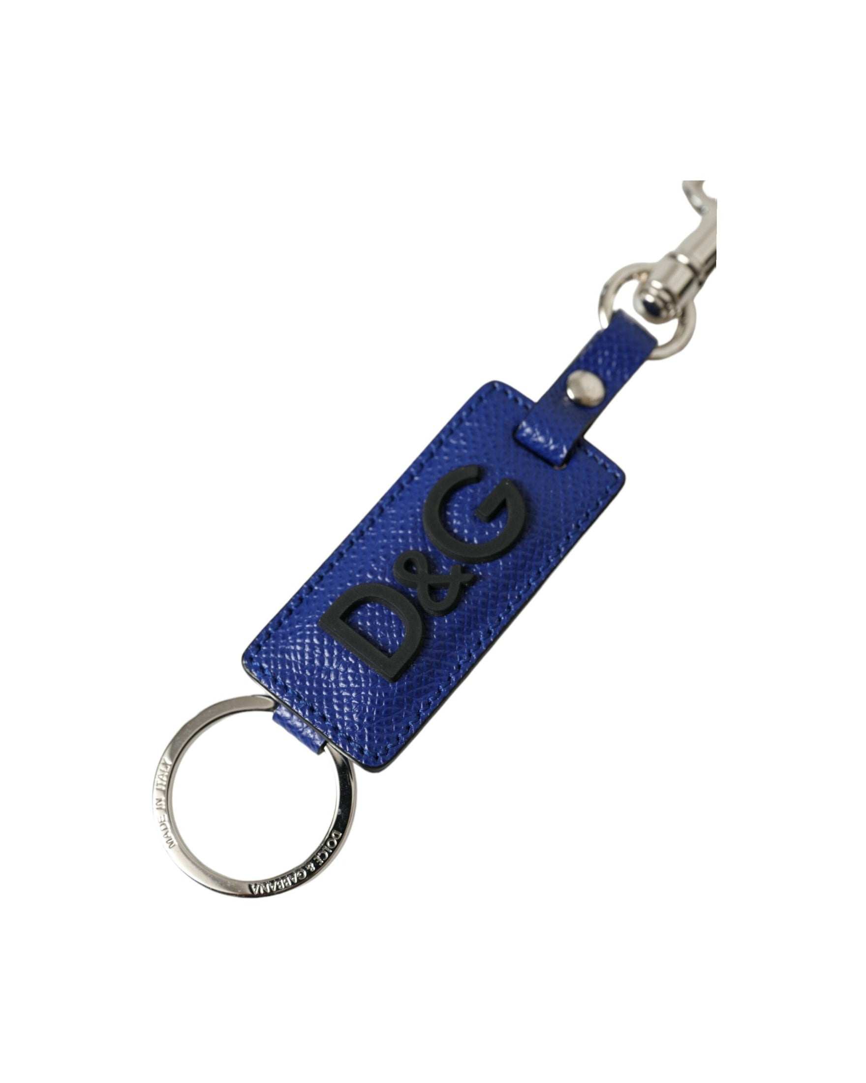 Dolce & Gabbana Blue Leather Calf Dg Logo Silver Brass Keyring Keychain Glam Steals