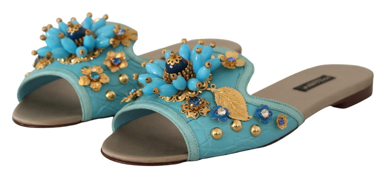 Dolce & Gabbana Blue Leather Crystal Exotic Sandals Glam Steals