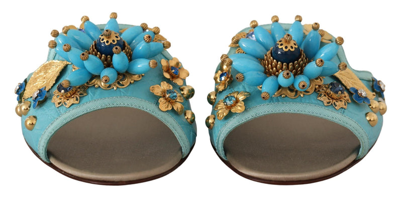Dolce & Gabbana Blue Leather Crystal Exotic Sandals Glam Steals