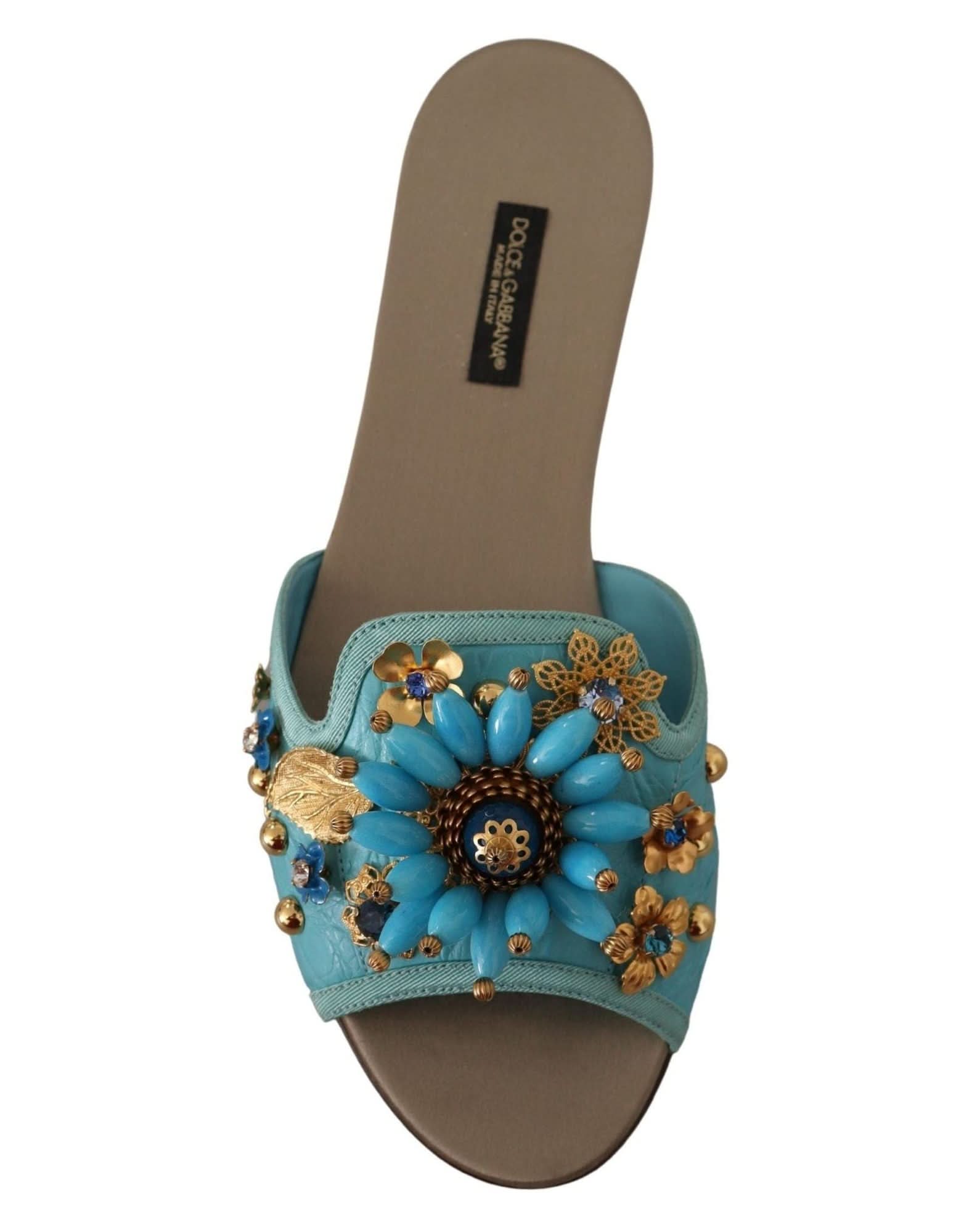Dolce & Gabbana Blue Leather Crystal Exotic Sandals Flats