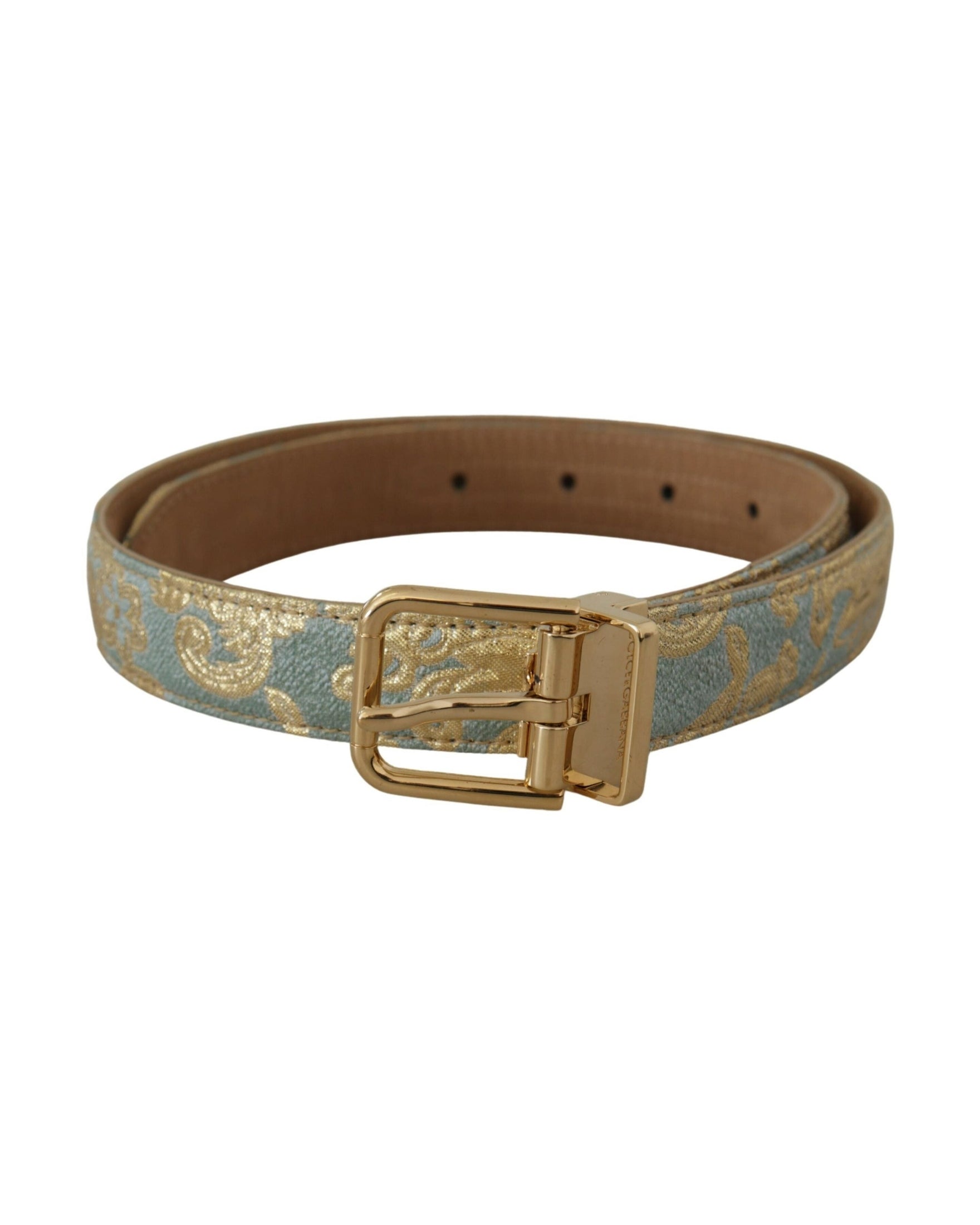 Dolce & Gabbana Blue Leather Jacquard Embossed Gold Metal Buckle Belt Belts