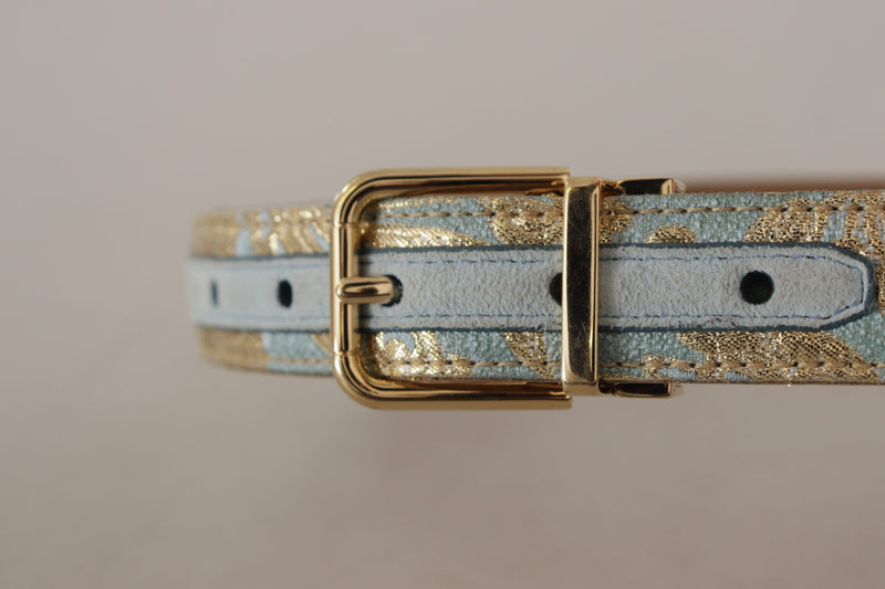 Dolce & Gabbana Blue Leather Jacquard Embossed Gold Metal Buckle Belt Glam Steals