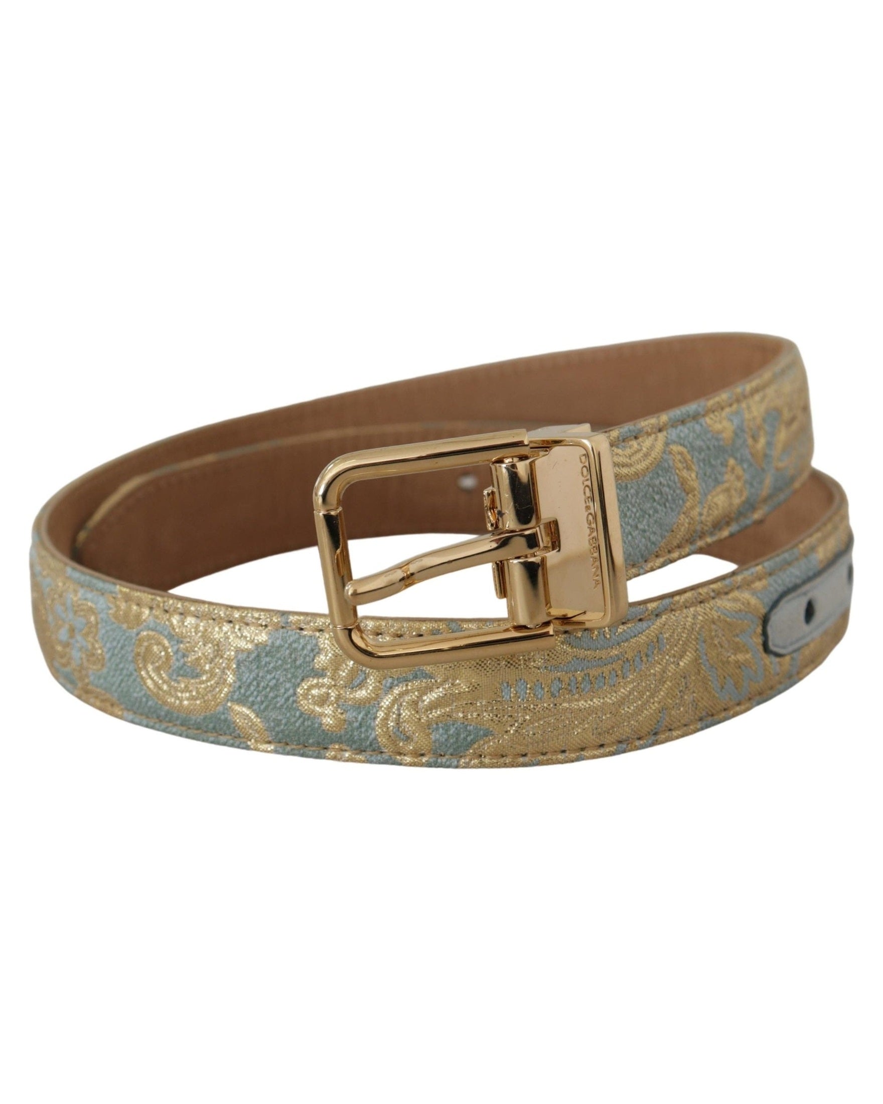 Dolce & Gabbana Blue Leather Jacquard Embossed Gold Metal Buckle Belt Belts