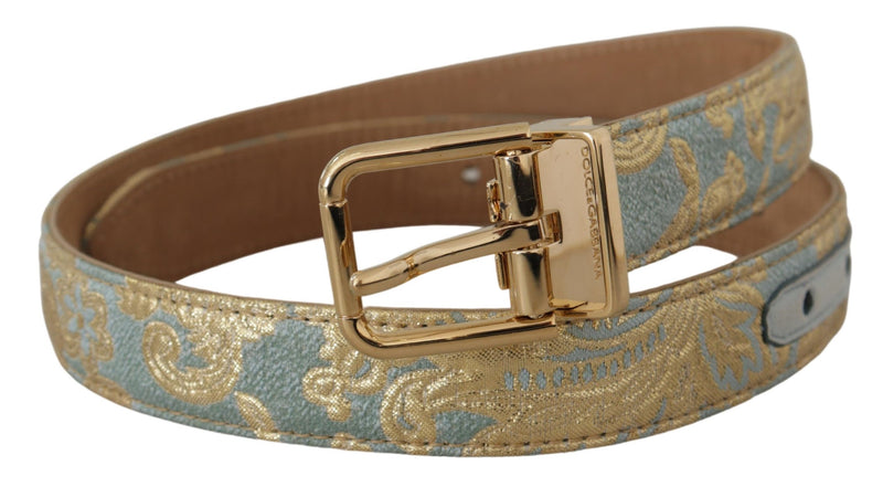 Dolce & Gabbana Blue Leather Jacquard Embossed Gold Metal Buckle Belt Glam Steals