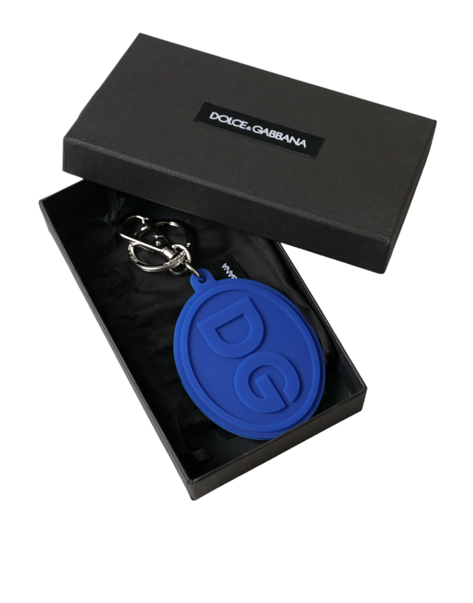 Dolce & Gabbana Blue Rubber Dg Logo Silver Brass Metal Keyring Keychain Glam Steals