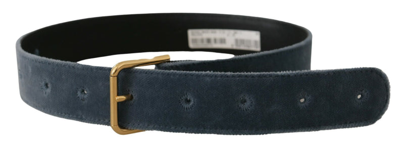 Dolce & Gabbana Blue Velvet Navy Gold Metal Logo Waist Buckle Belt Glam Steals