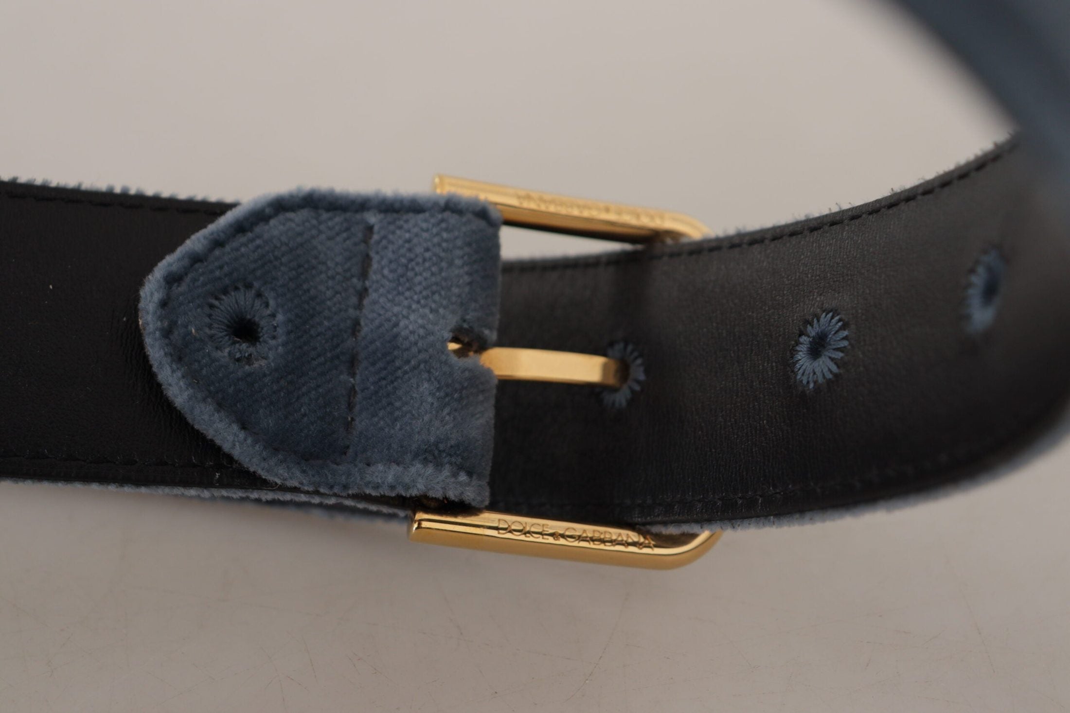 Dolce & Gabbana Blue Velvet Navy Gold Metal Logo Waist Buckle Belt Belts