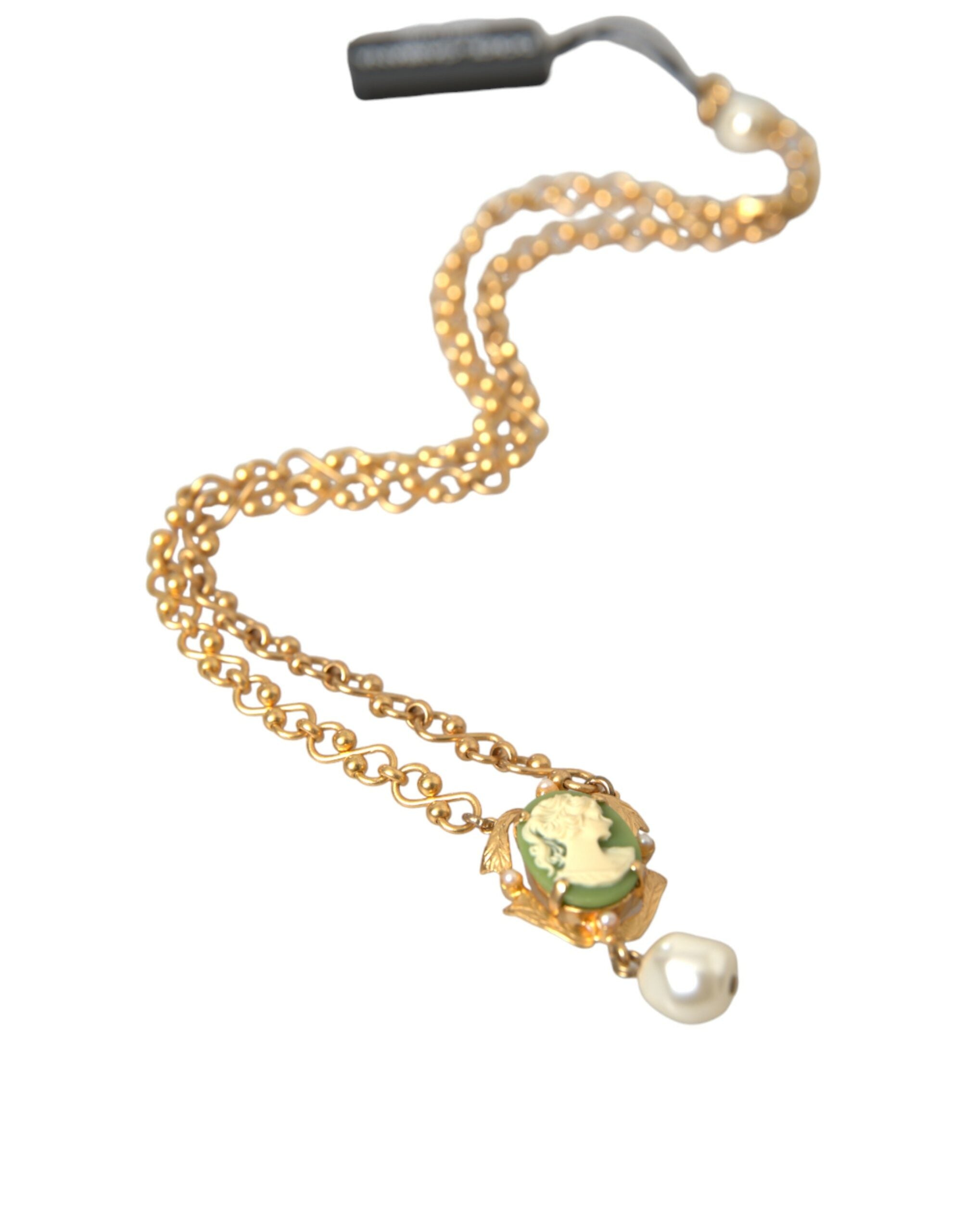 Dolce & Gabbana Brass Chain Pearl Pendant Charm Gold Necklace Glam Steals