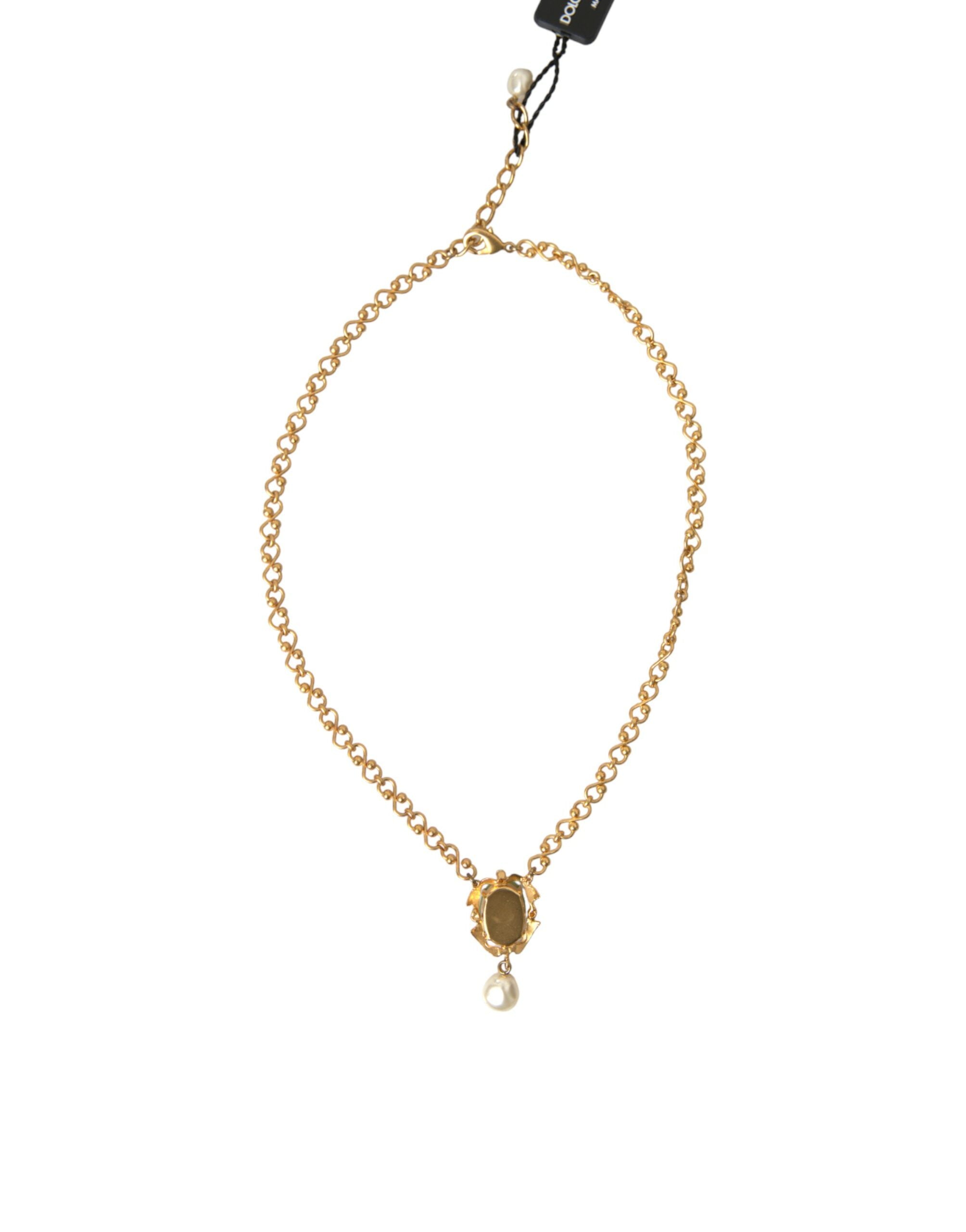 Dolce & Gabbana Brass Chain Pearl Pendant Charm Gold Necklace Glam Steals