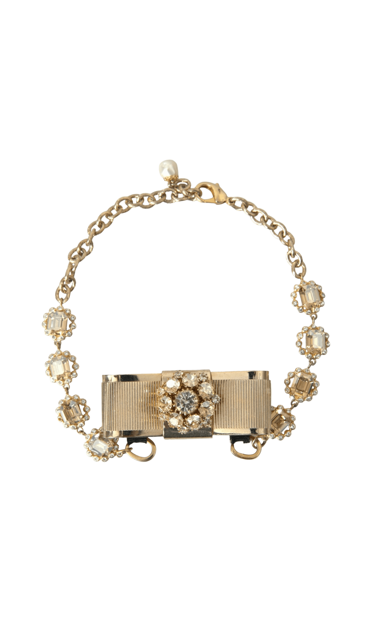 Dolce & Gabbana Brass Crystal Bow Chain Choker Gold Clear Necklace Glam Steals