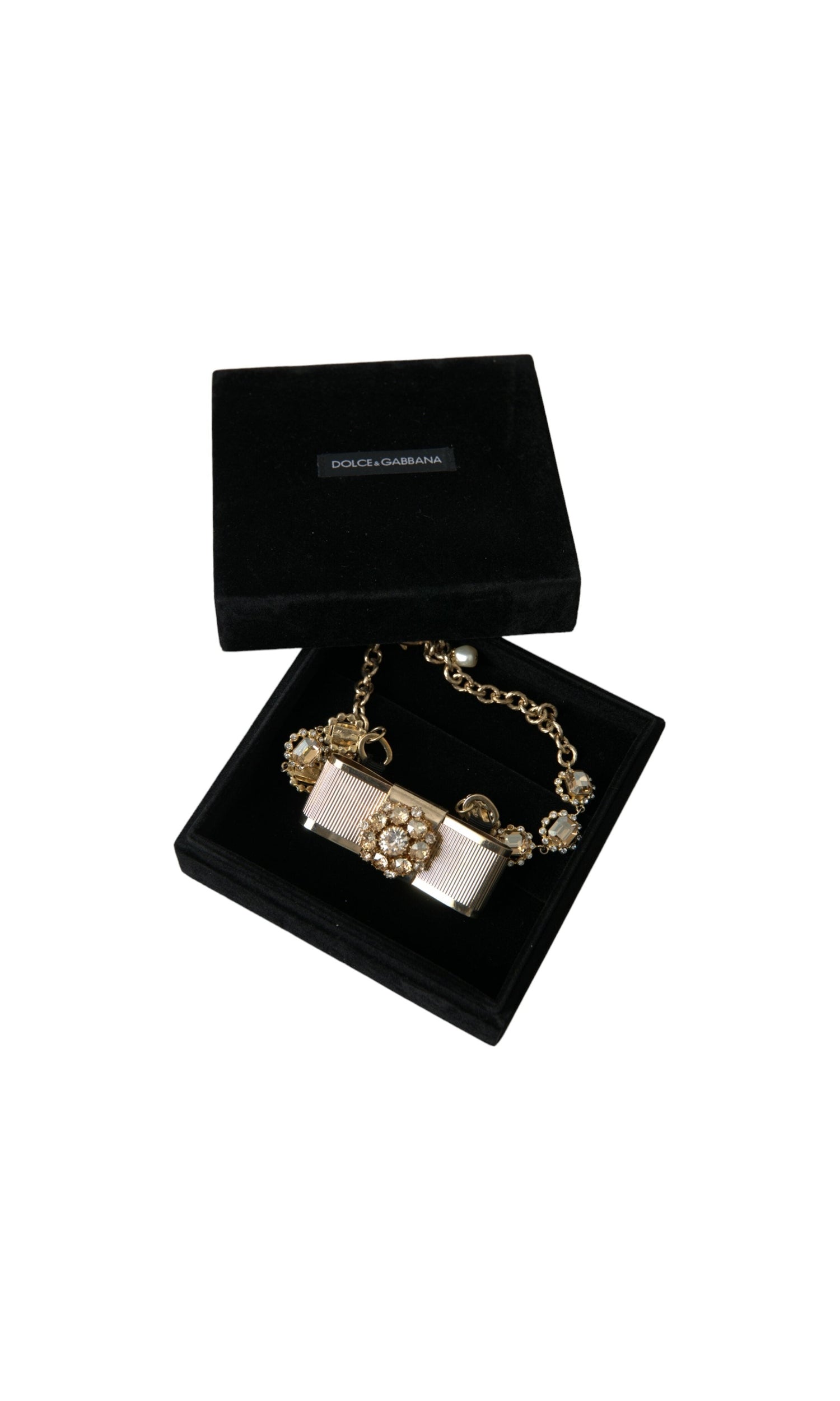 Dolce & Gabbana Brass Crystal Bow Chain Choker Gold Clear Necklace Glam Steals