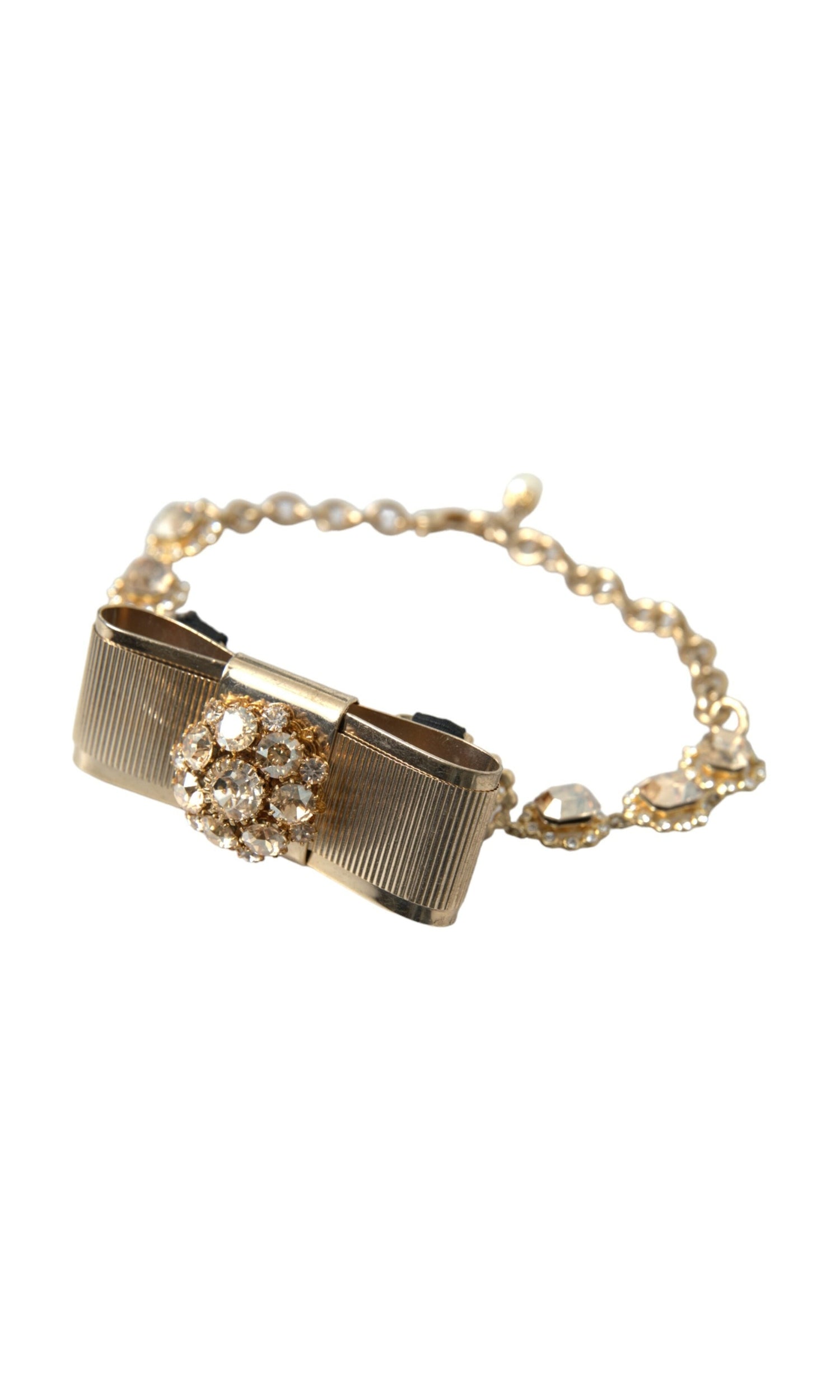 Dolce & Gabbana Brass Crystal Bow Chain Choker Gold Clear Necklace Glam Steals