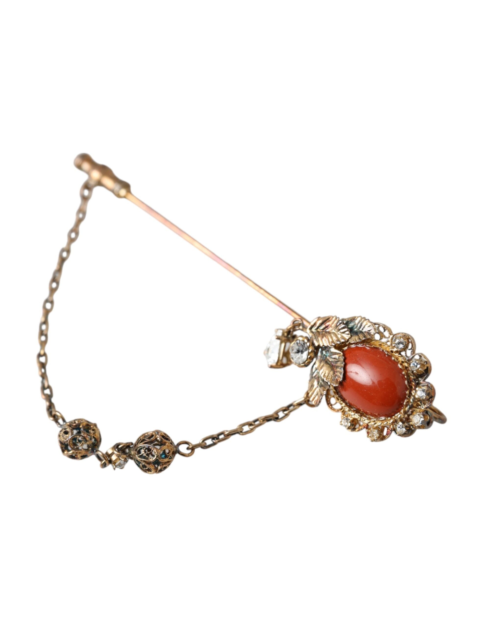 Dolce & Gabbana Brass Crystal Chain 925 Sterling Pin Gold Silver Brooch Glam Steals
