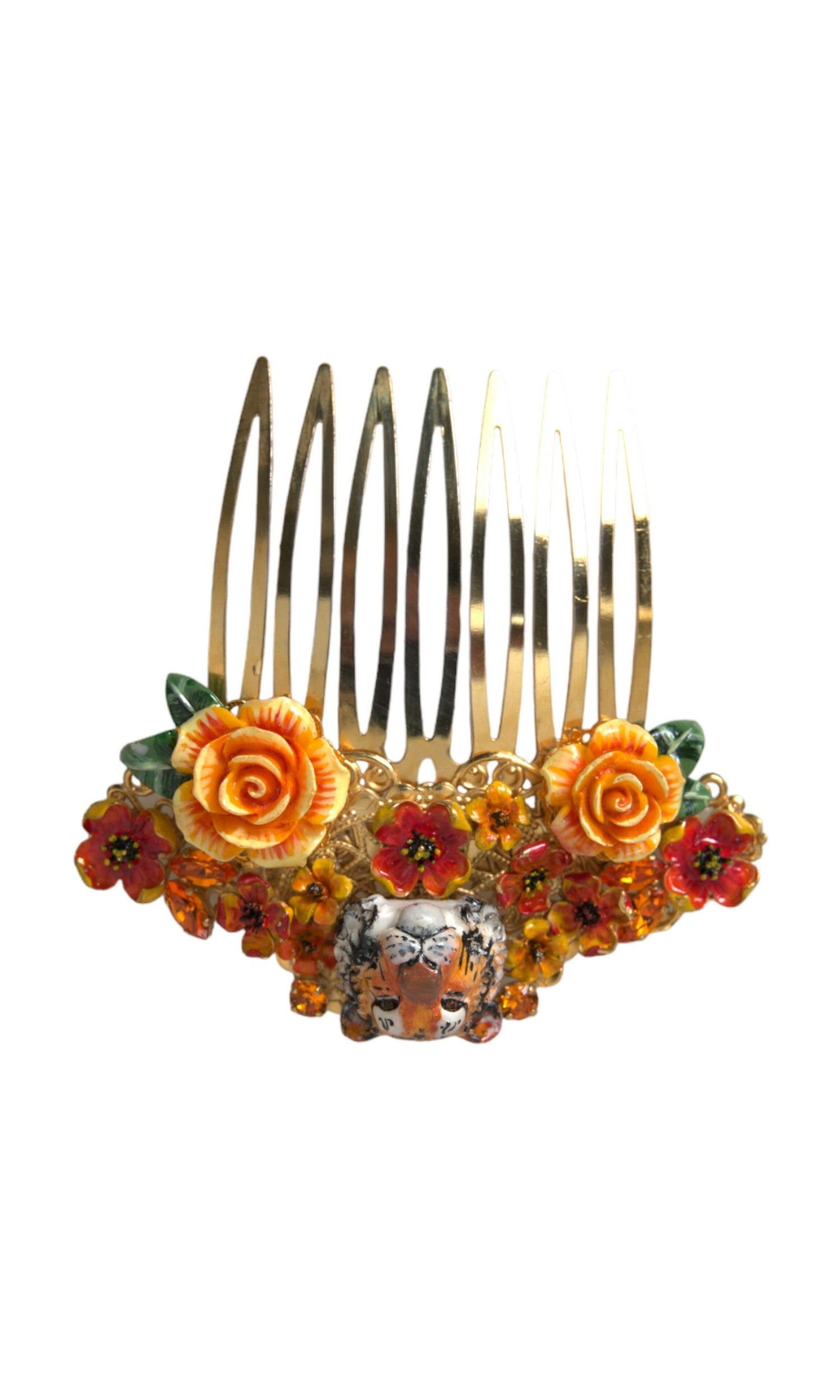Dolce & Gabbana Brass Crystal Leopard Floral Hair Gold Comb Glam Steals