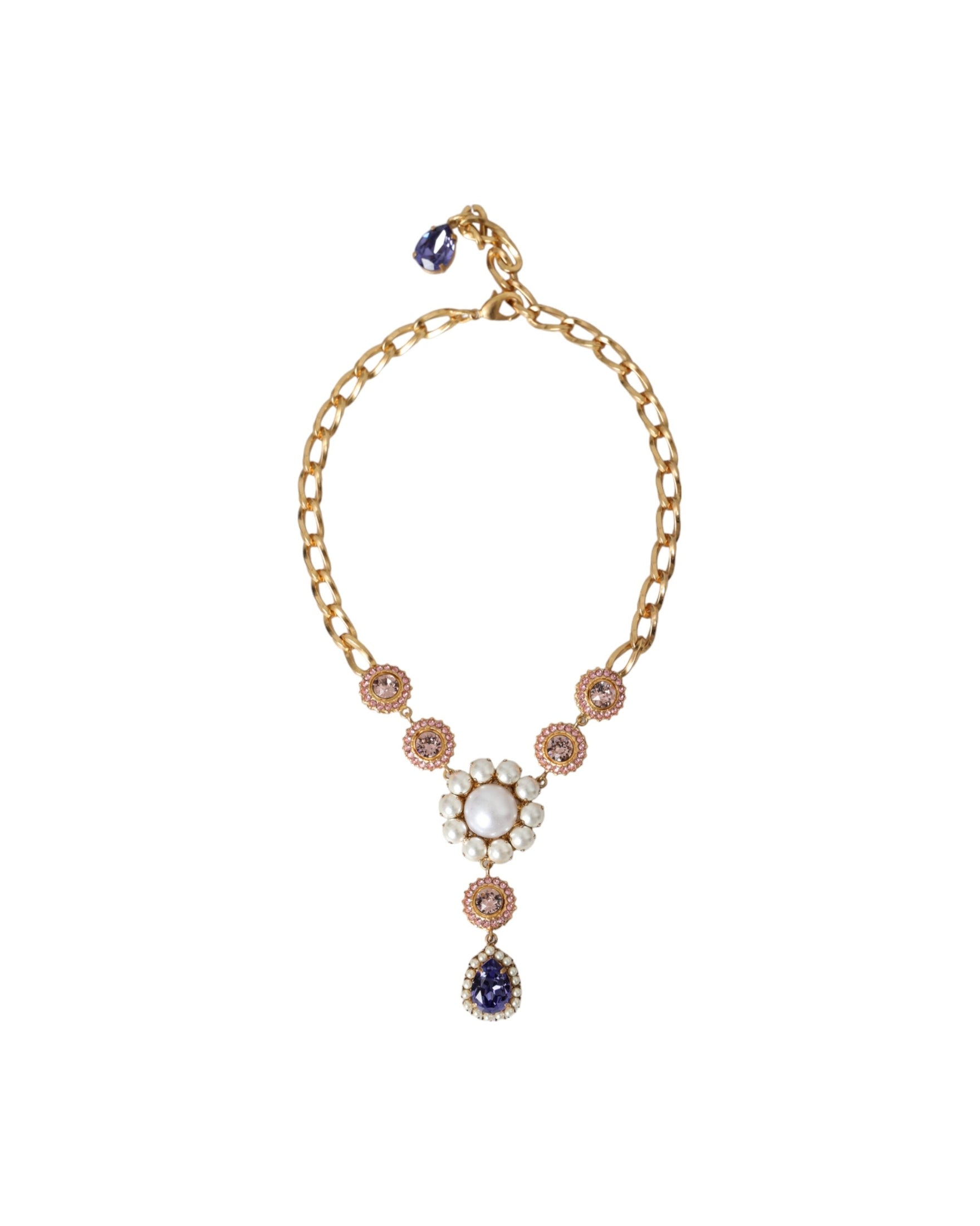 Dolce & Gabbana Brass Crystal Pearl Pendants Gold Purple Pink Necklace Glam Steals