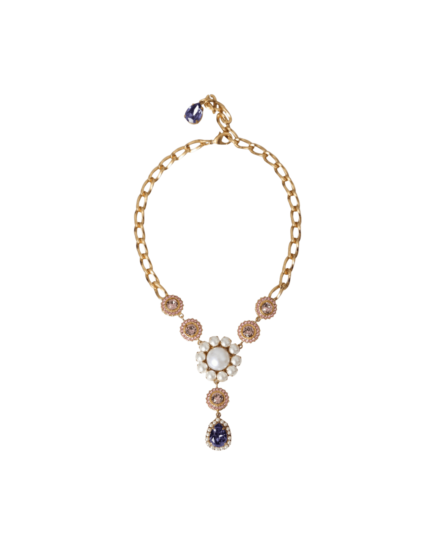 Dolce & Gabbana Brass Crystal Pearl Pendants Gold Purple Pink Necklace Glam Steals