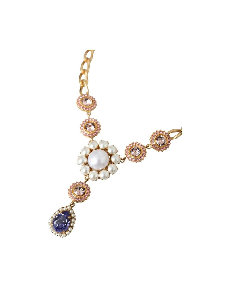 Dolce & Gabbana Brass Crystal Pearl Pendants Gold Purple Pink Necklace Glam Steals