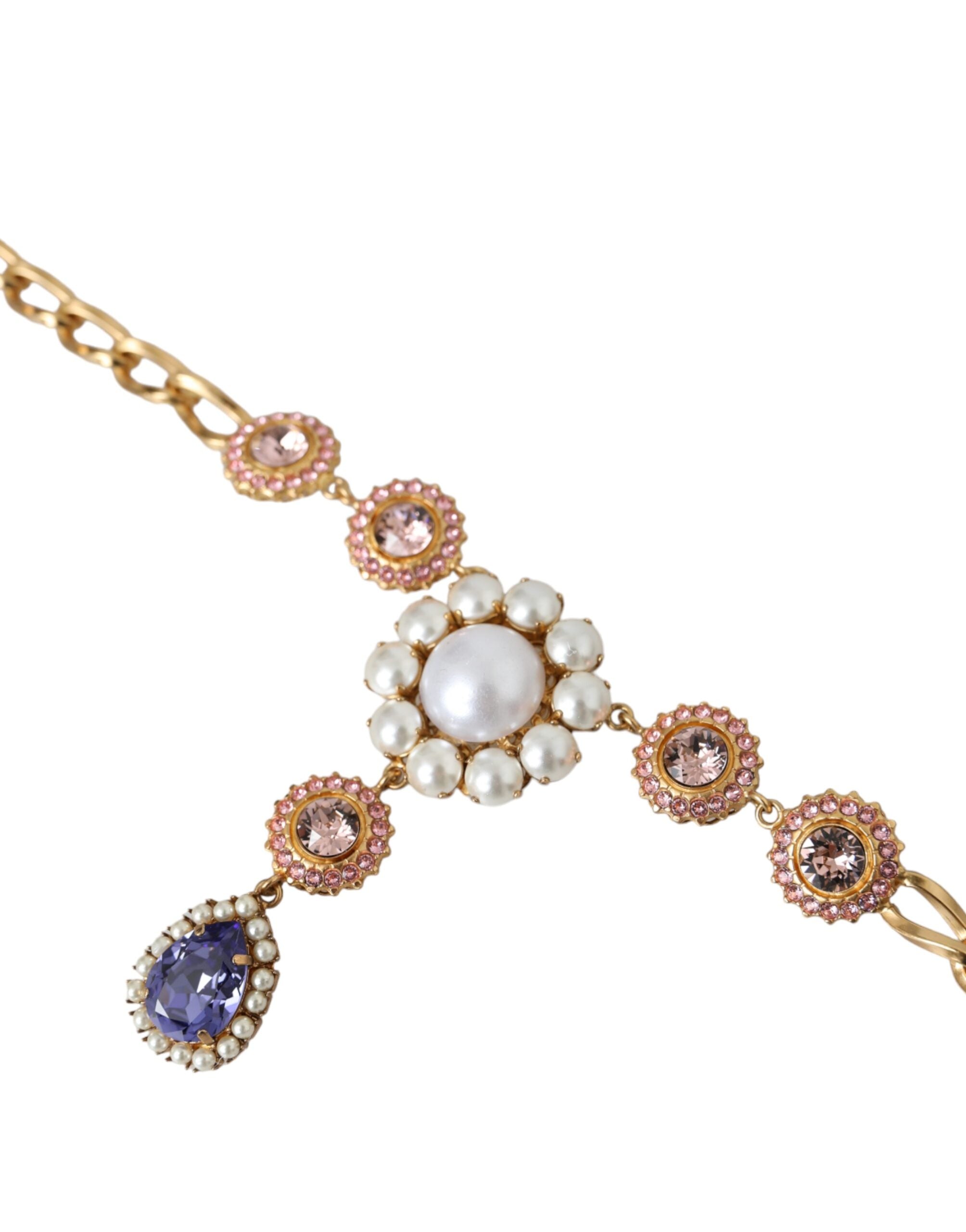 Dolce & Gabbana Brass Crystal Pearl Pendants Gold Purple Pink Necklace Glam Steals