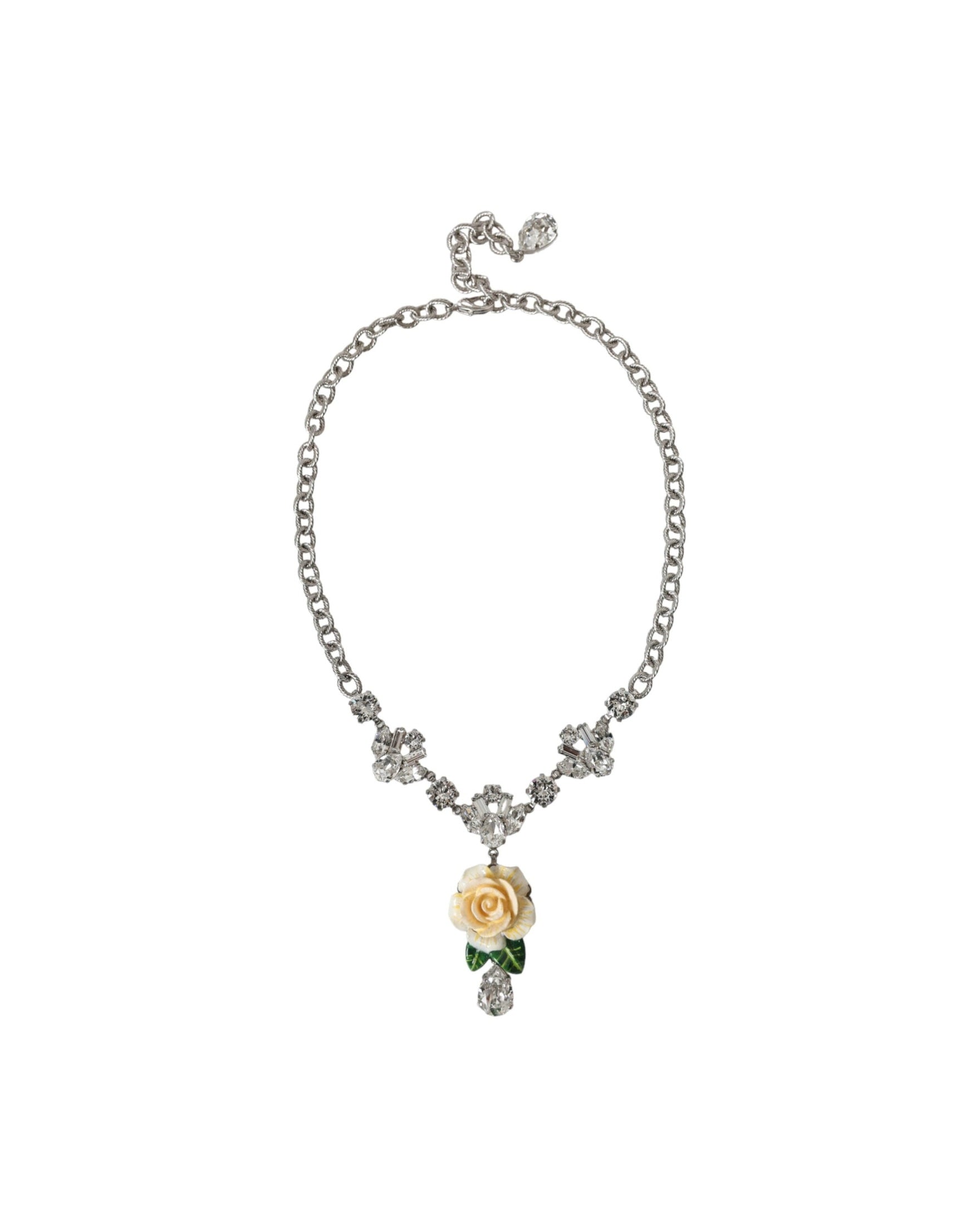 Dolce & Gabbana Brass Crystal Roses Pendants Silver Clear Necklace Glam Steals
