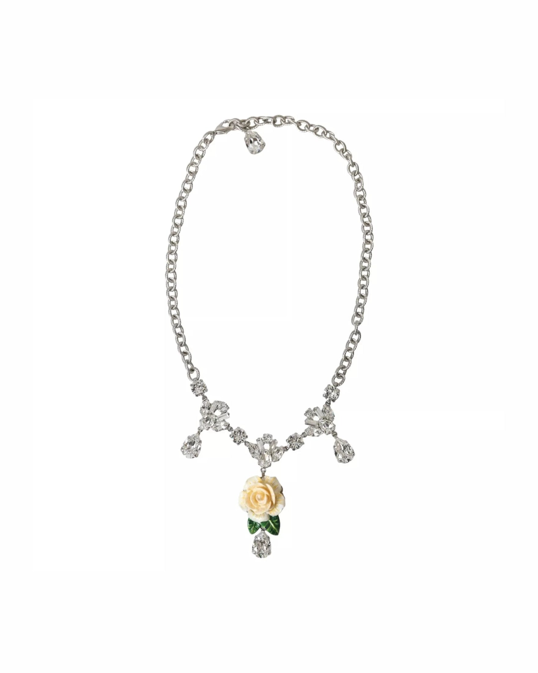 Dolce & Gabbana Brass Crystal Roses Pendants Silver Clear Necklace Glam Steals