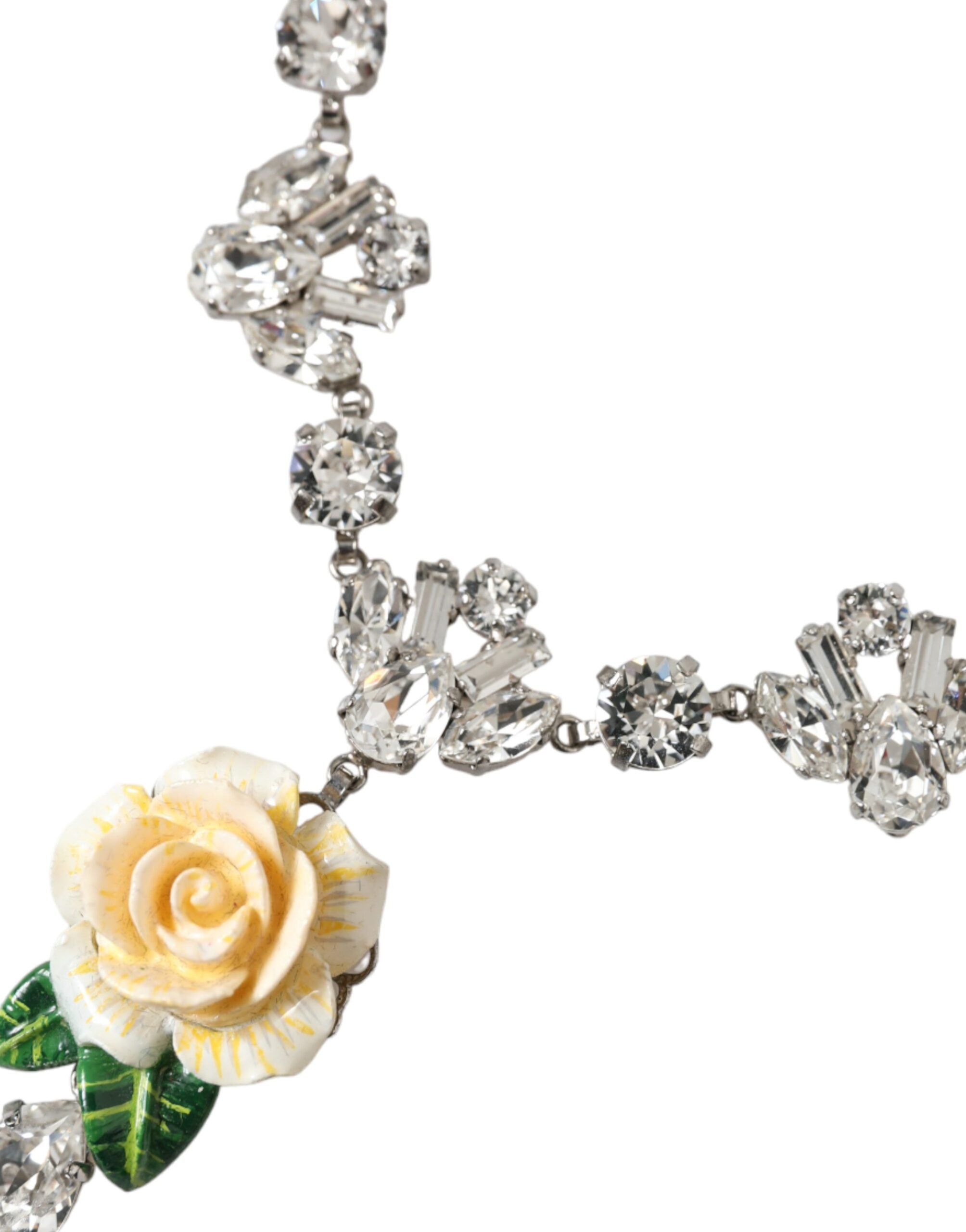 Dolce & Gabbana Brass Crystal Roses Pendants Silver Clear Necklace Glam Steals