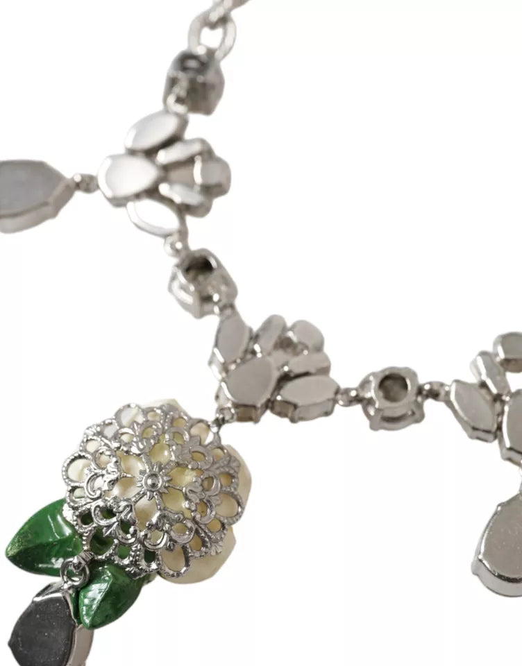 Dolce & Gabbana Brass Crystal Roses Pendants Silver Clear Necklace Glam Steals