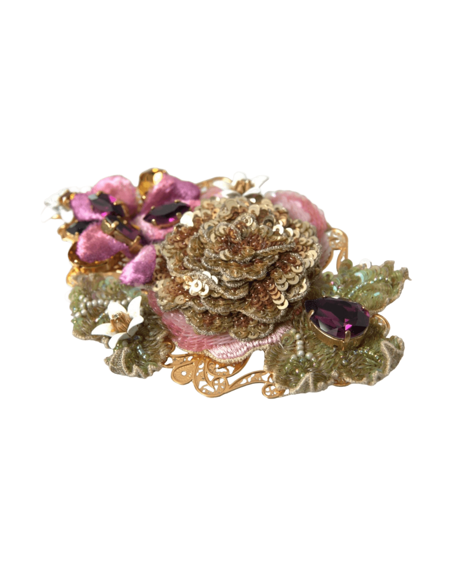 Dolce & Gabbana Brass Floral Crystal Sequined Hair Gold Clip Glam Steals