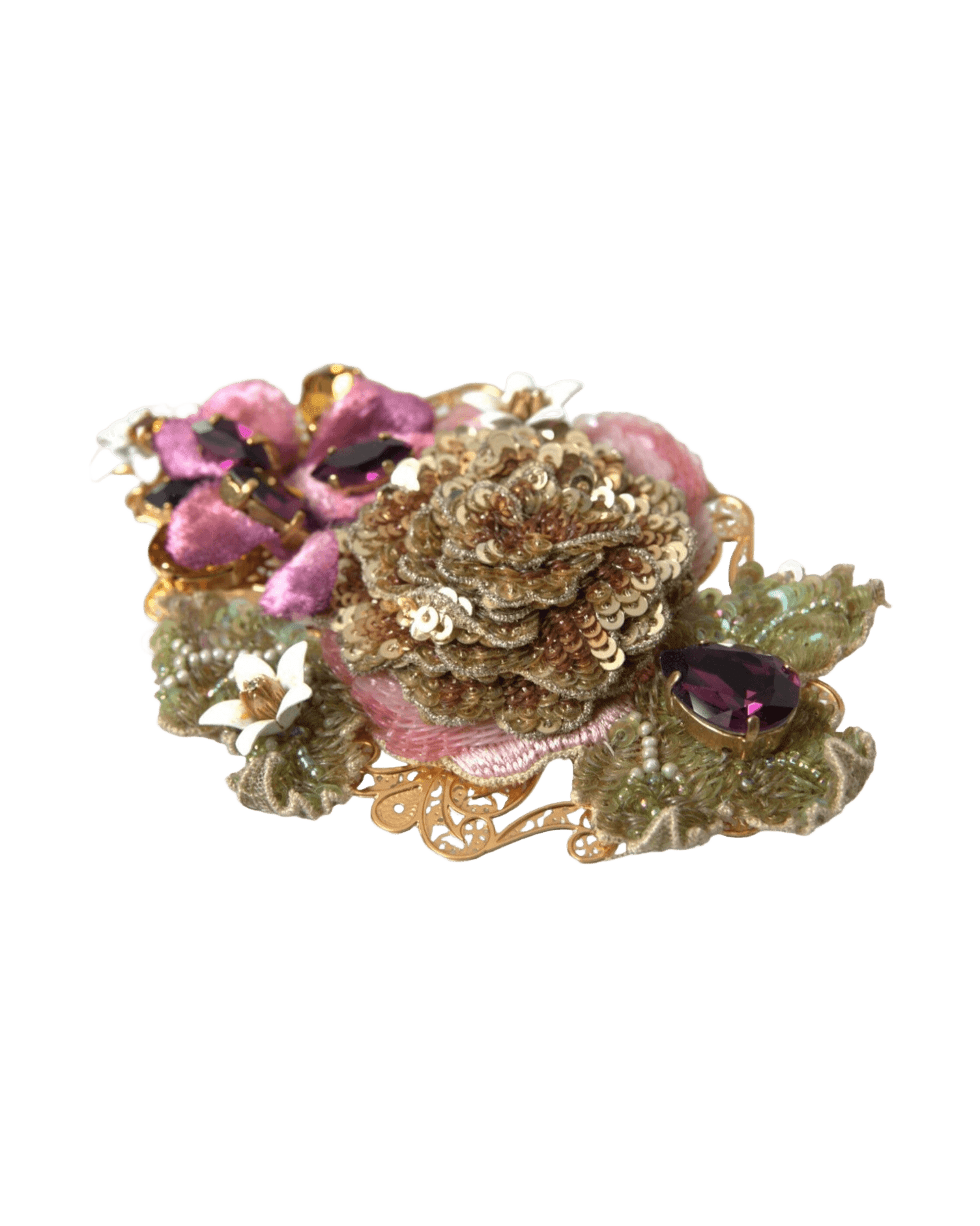 Dolce & Gabbana Brass Floral Crystal Sequined Hair Gold Clip Glam Steals