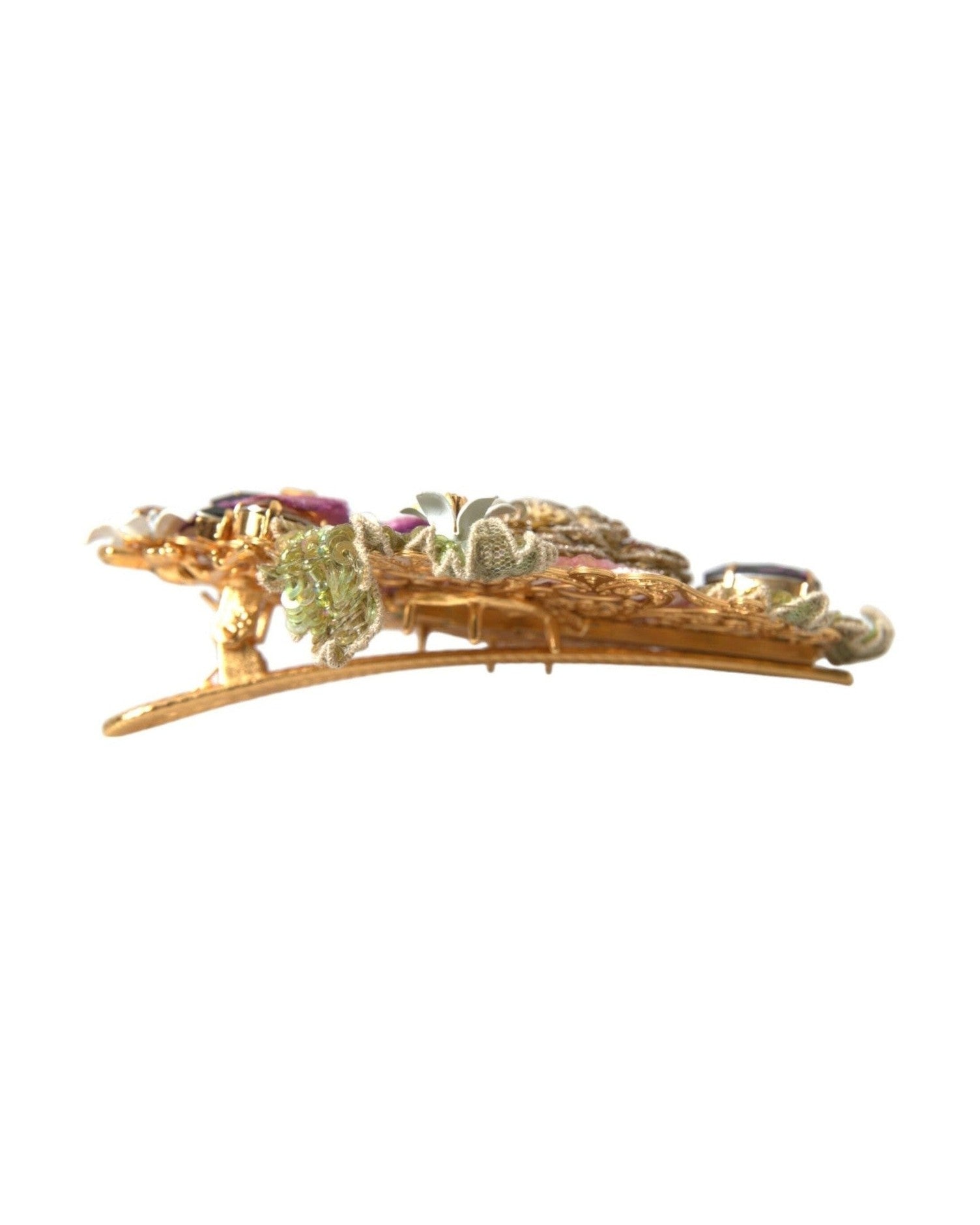 Dolce & Gabbana Brass Floral Crystal Sequined Hair Gold Clip Glam Steals