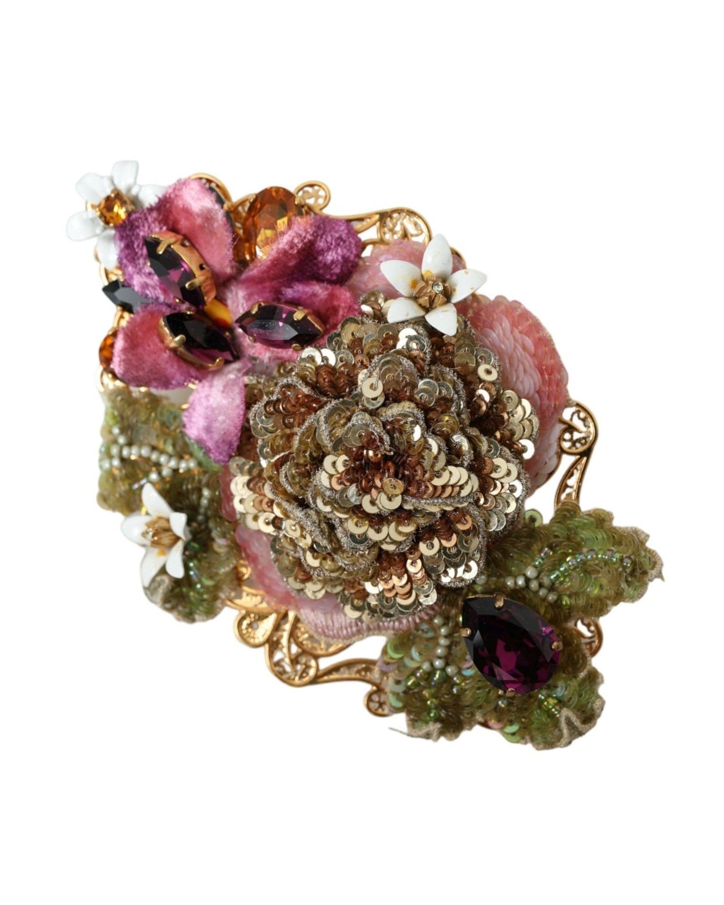 Dolce & Gabbana Brass Floral Crystal Sequined Hair Gold Clip Glam Steals