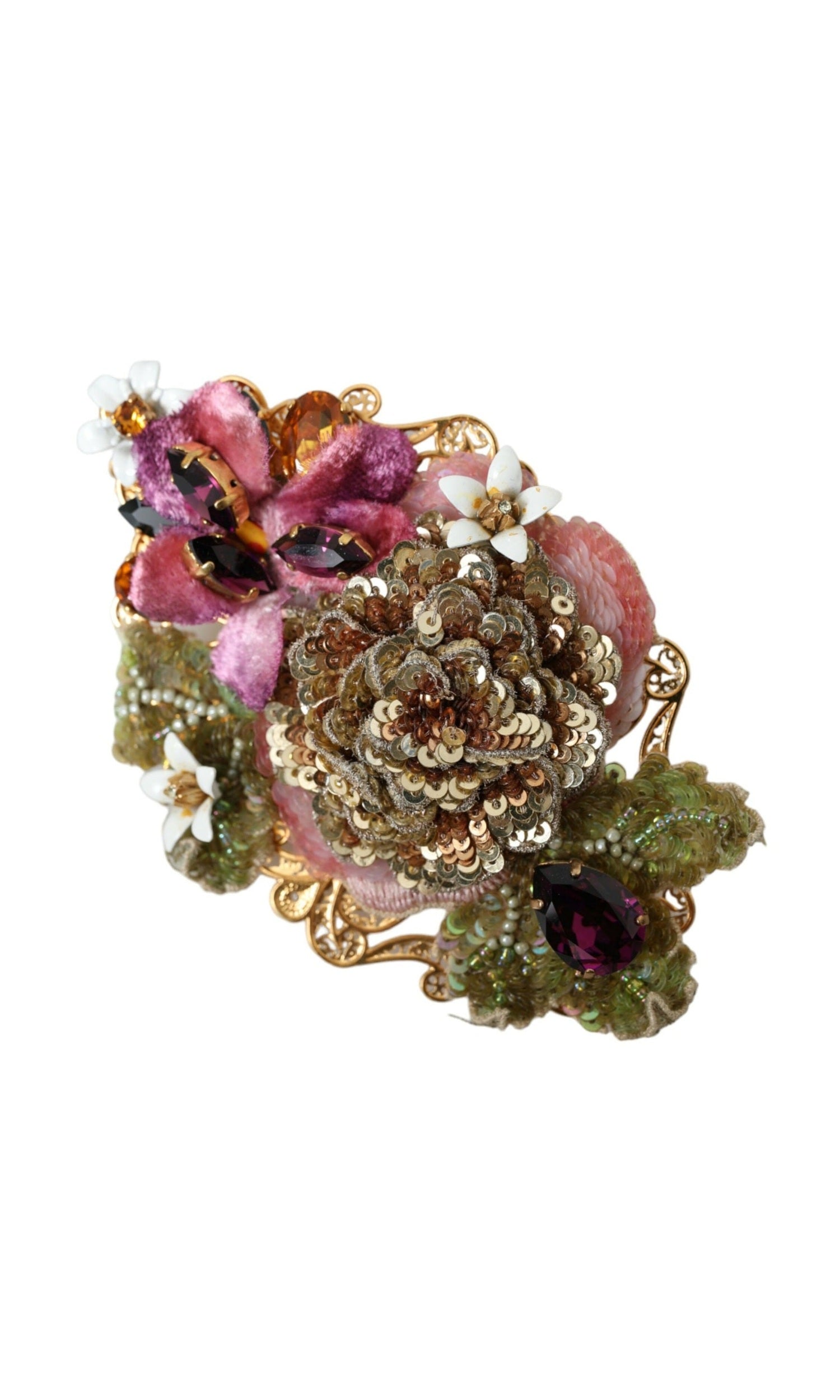 Dolce & Gabbana Brass Floral Crystal Sequined Hair Gold Clip Glam Steals