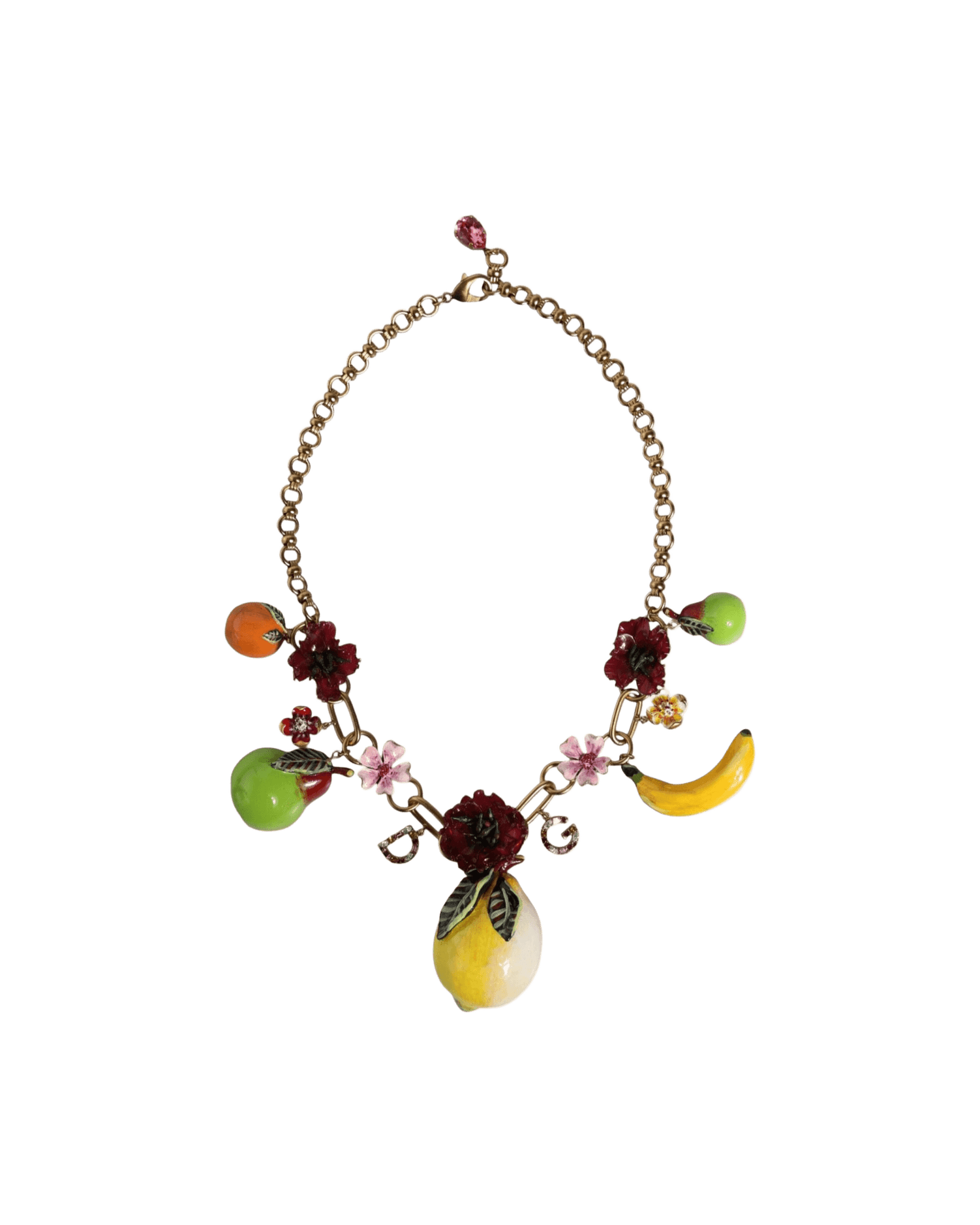 Dolce & Gabbana Brass Fruit Pendants Flowers Crystal Logo Gold Necklace Glam Steals