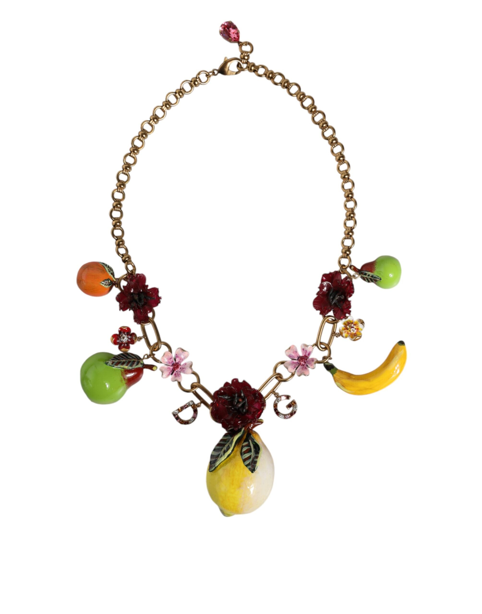 Dolce & Gabbana Brass Fruit Pendants Flowers Crystal Logo Gold Necklace Glam Steals