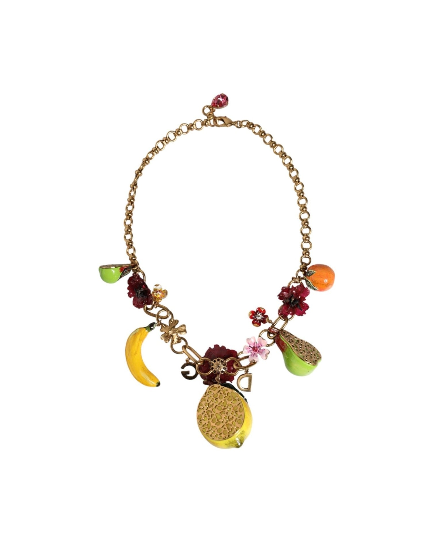 Dolce & Gabbana Brass Fruit Pendants Flowers Crystal Logo Gold Necklace Glam Steals
