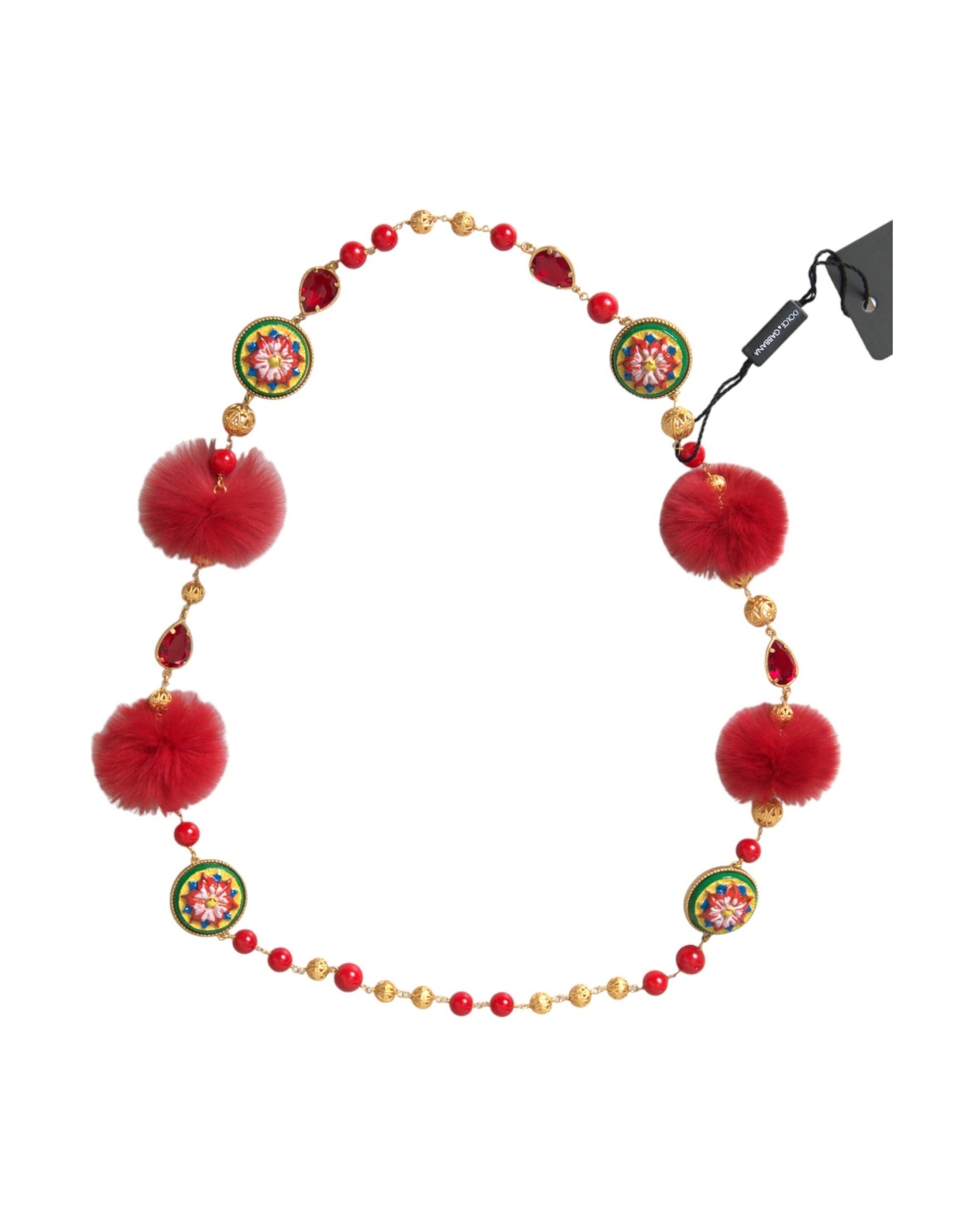 Dolce & Gabbana Brass Fur Crystal Carretto Chain Gold Red Necklace Glam Steals