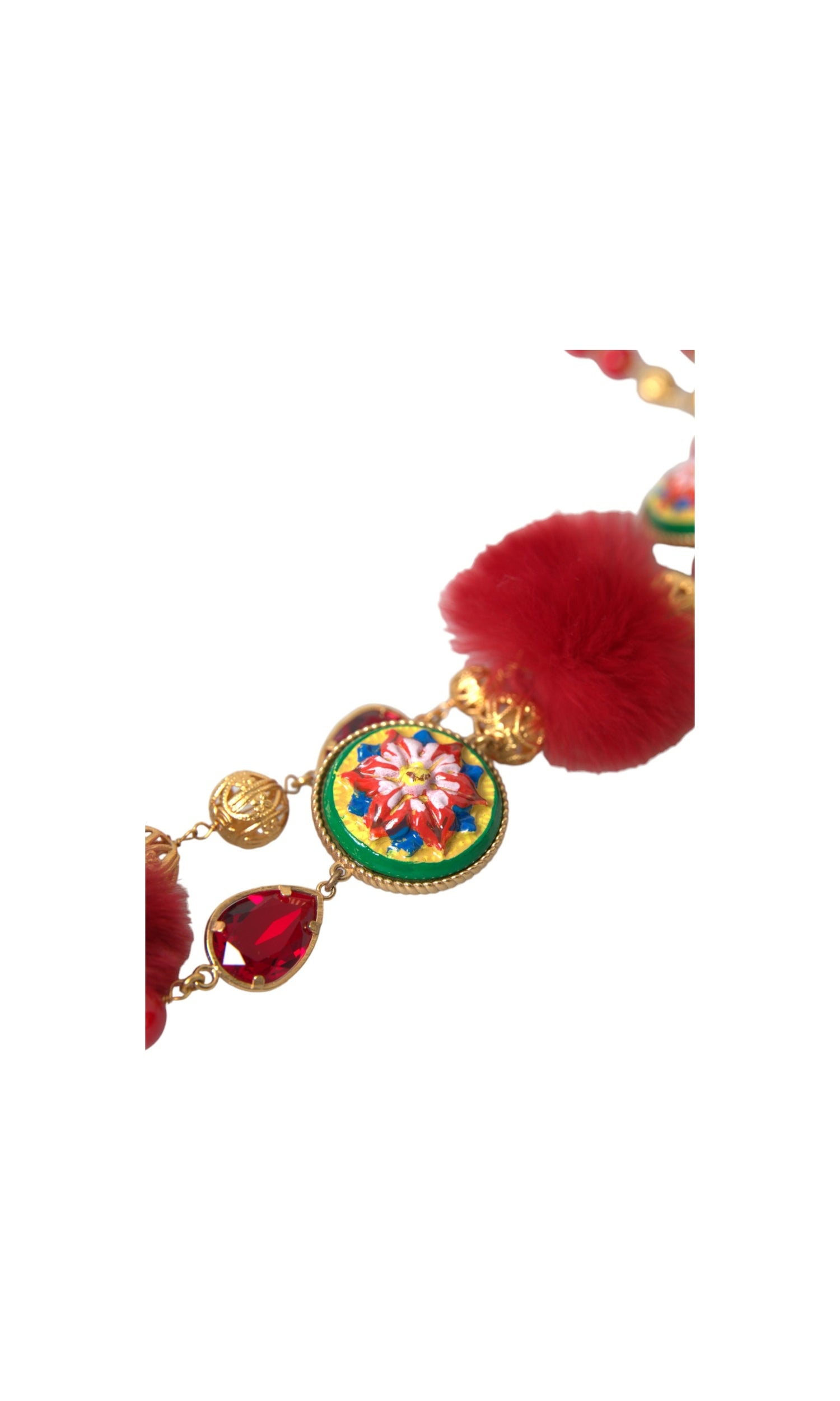 Dolce & Gabbana Brass Fur Crystal Carretto Chain Gold Red Necklace Glam Steals