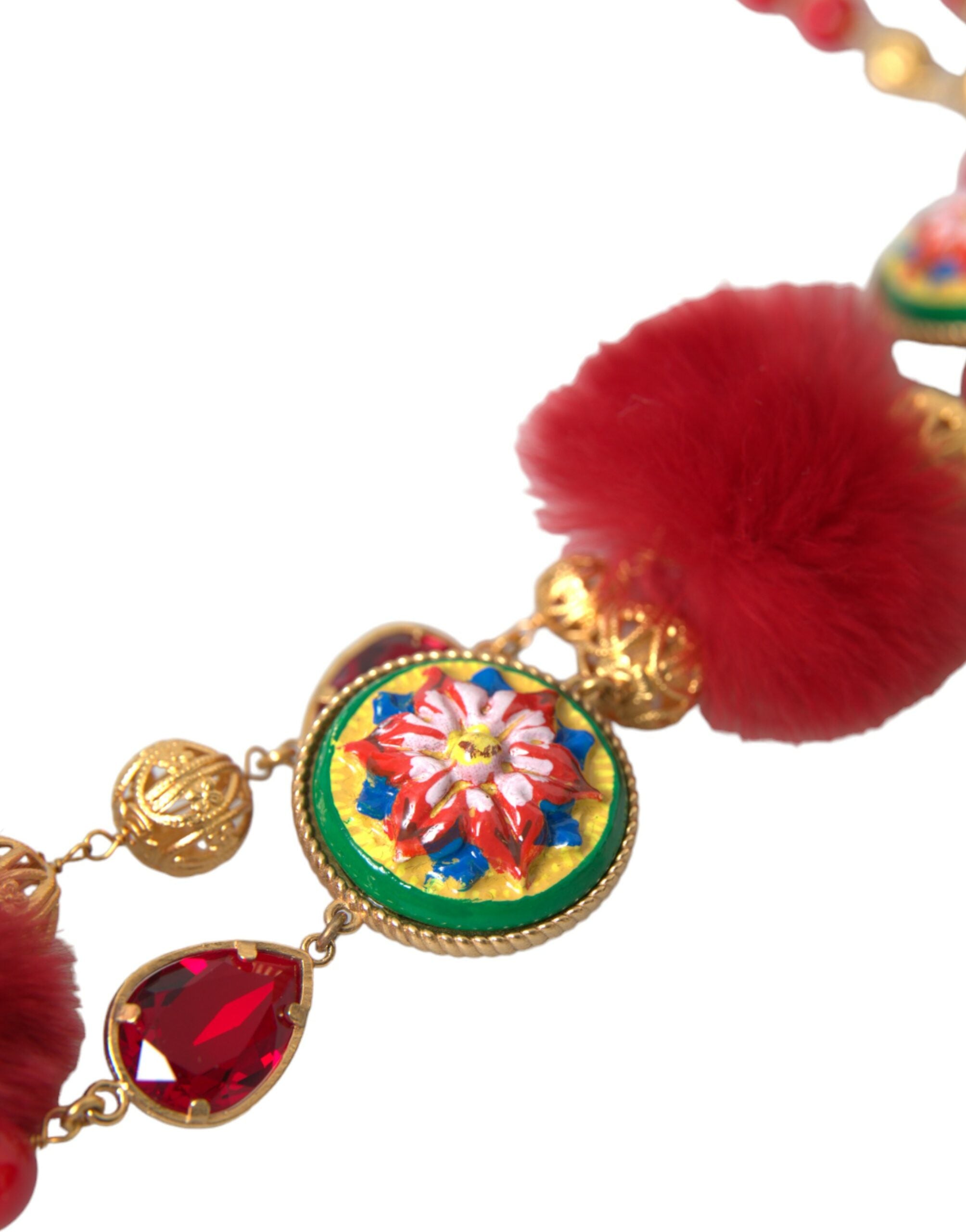 Dolce & Gabbana Brass Fur Crystal Carretto Chain Gold Red Necklace Glam Steals