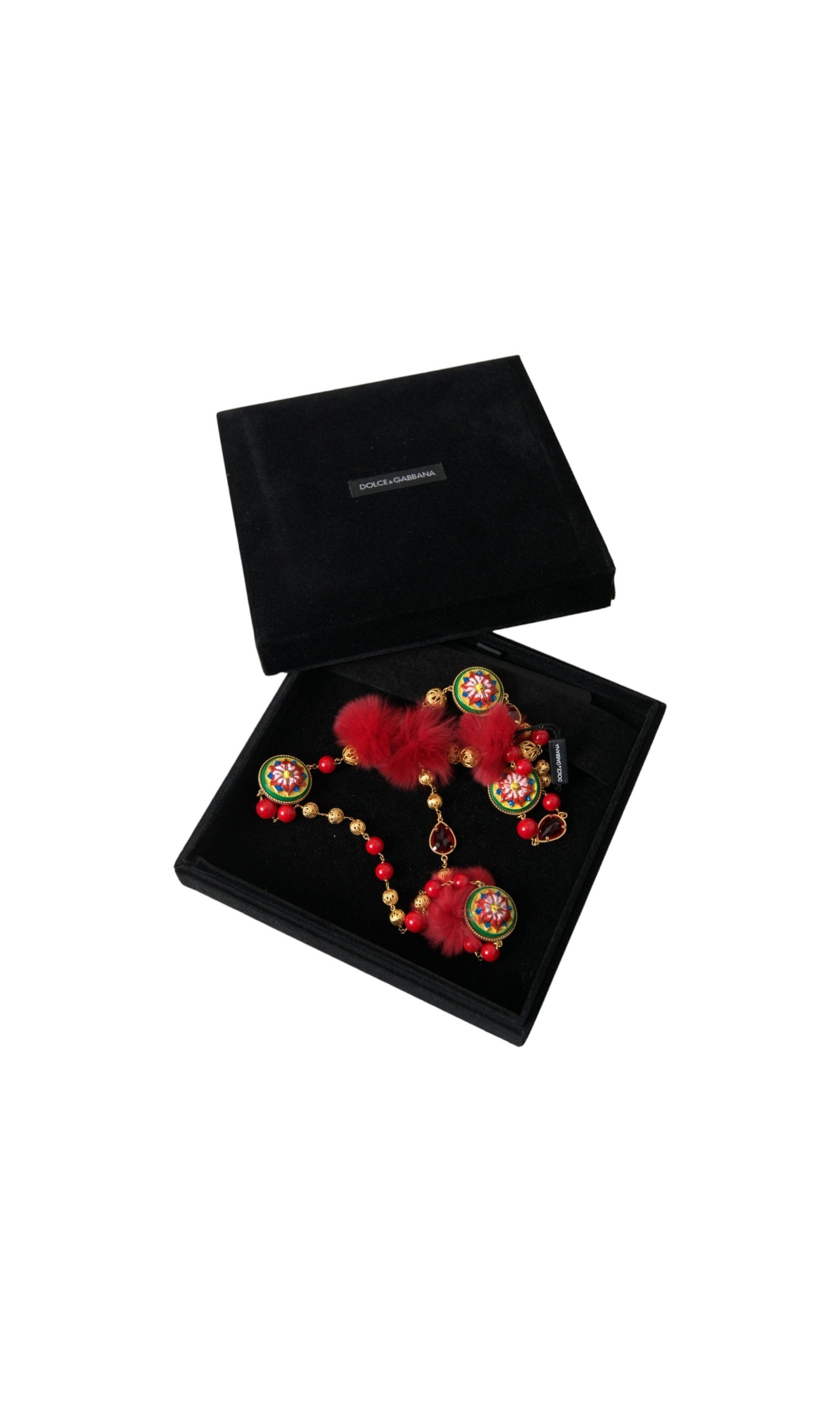 Dolce & Gabbana Brass Fur Crystal Carretto Chain Gold Red Necklace Glam Steals