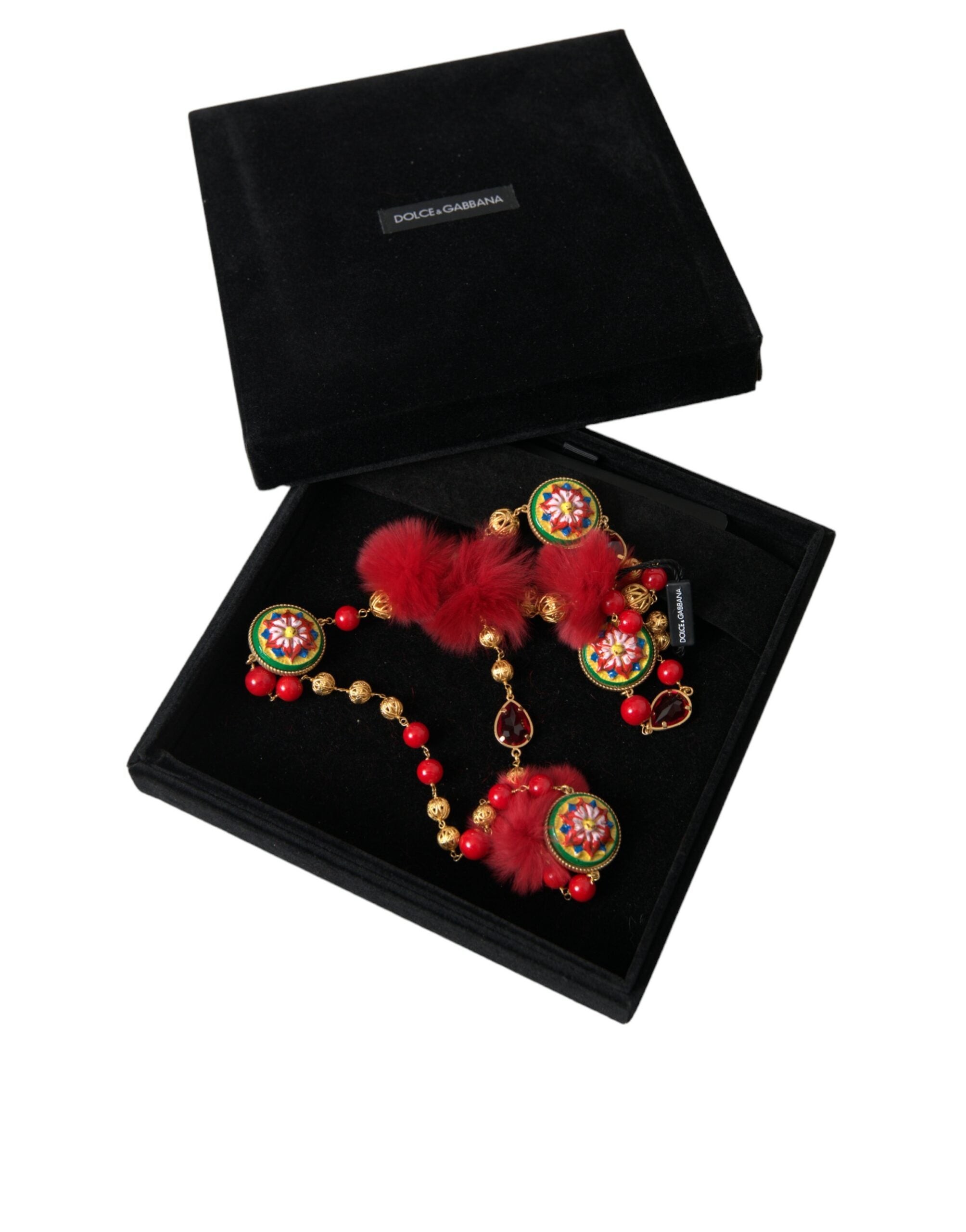 Dolce & Gabbana Brass Fur Crystal Carretto Chain Gold Red Necklace Glam Steals