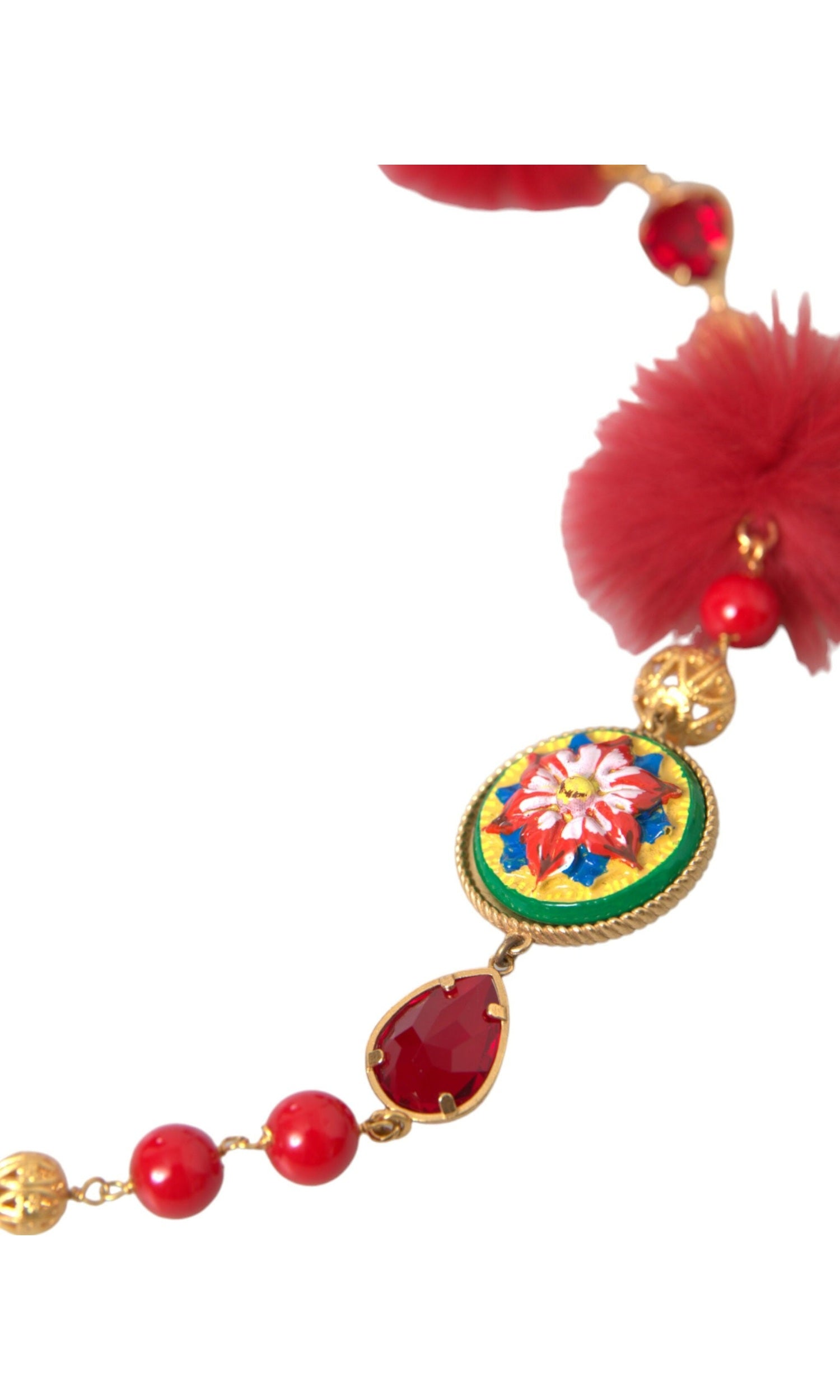 Dolce & Gabbana Brass Fur Crystal Carretto Chain Gold Red Necklace Glam Steals